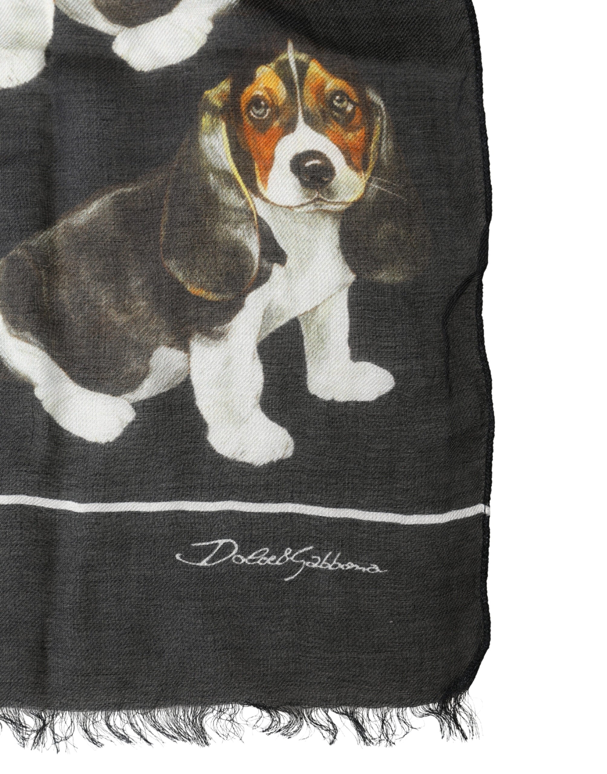 Dolce & Gabbana Black Modal Wool Dog Print Fringed 178cm x 64cm Scarf