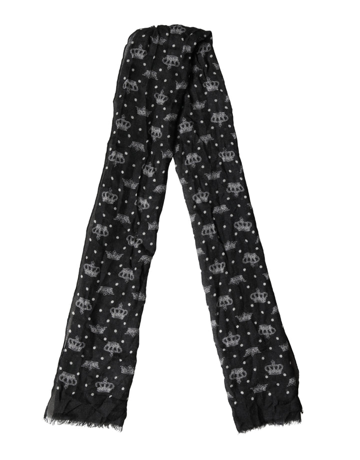 Dolce & Gabbana Black Wool Crown Print Fringe Neck Wrap 180cm x 65cm Scarf