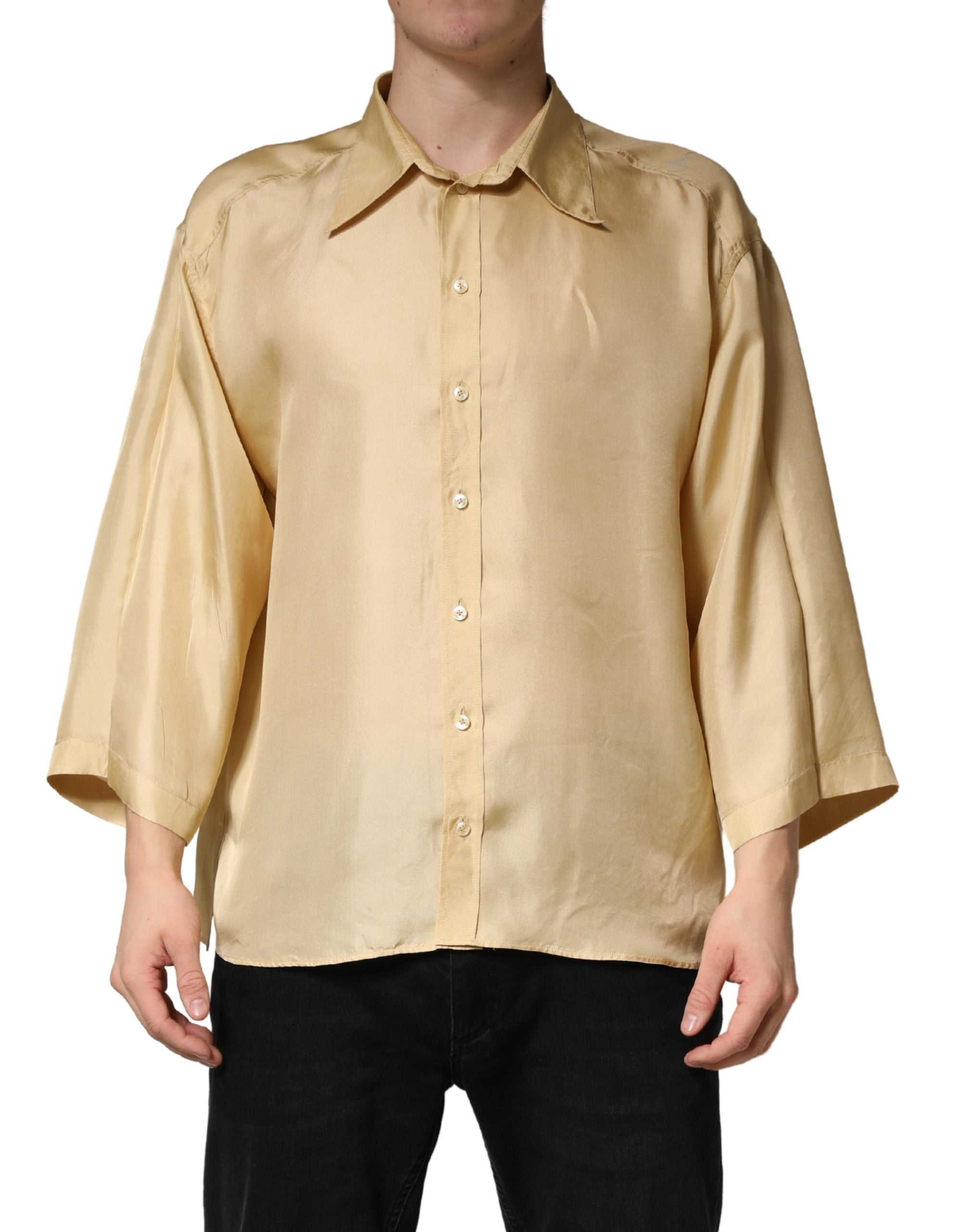 Geel Zijden Oversized Overhemd Met Knoopsluiting Voor Heren
