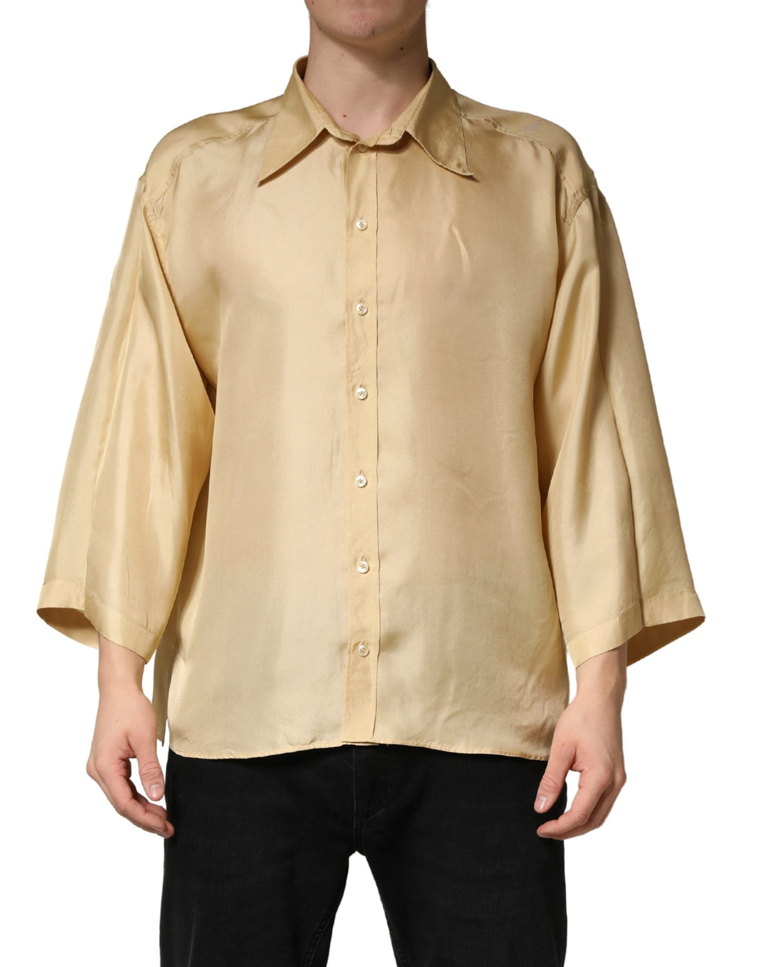 Geel Zijden Oversized Overhemd Met Knoopsluiting Voor Heren