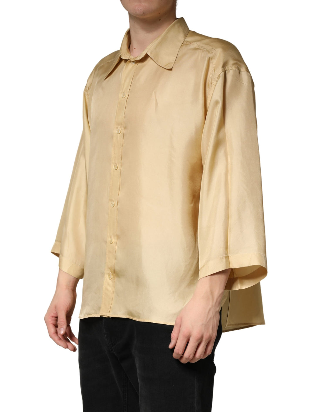Geel Zijden Oversized Overhemd Met Knoopsluiting Voor Heren