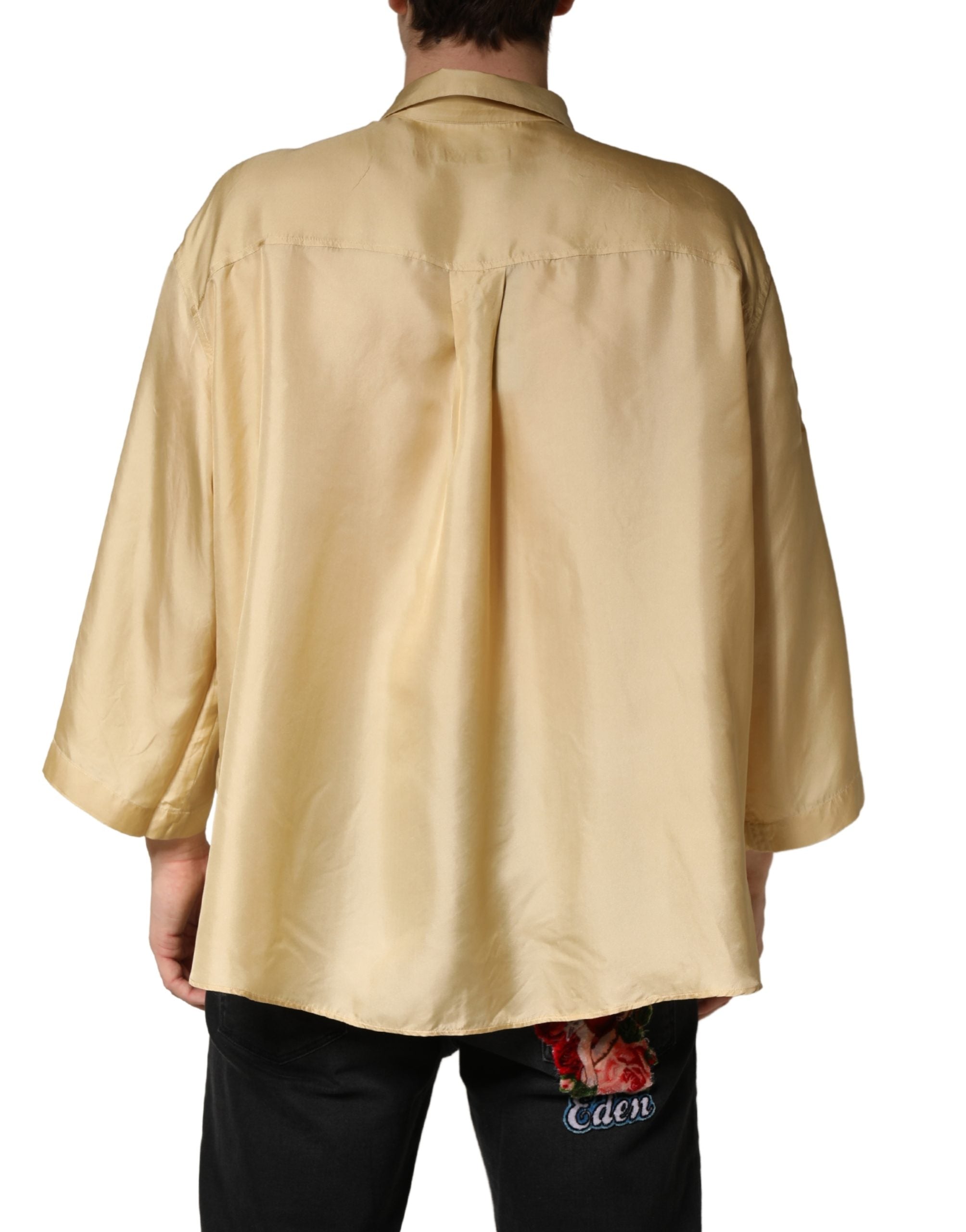 Geel Zijden Oversized Overhemd Met Knoopsluiting Voor Heren
