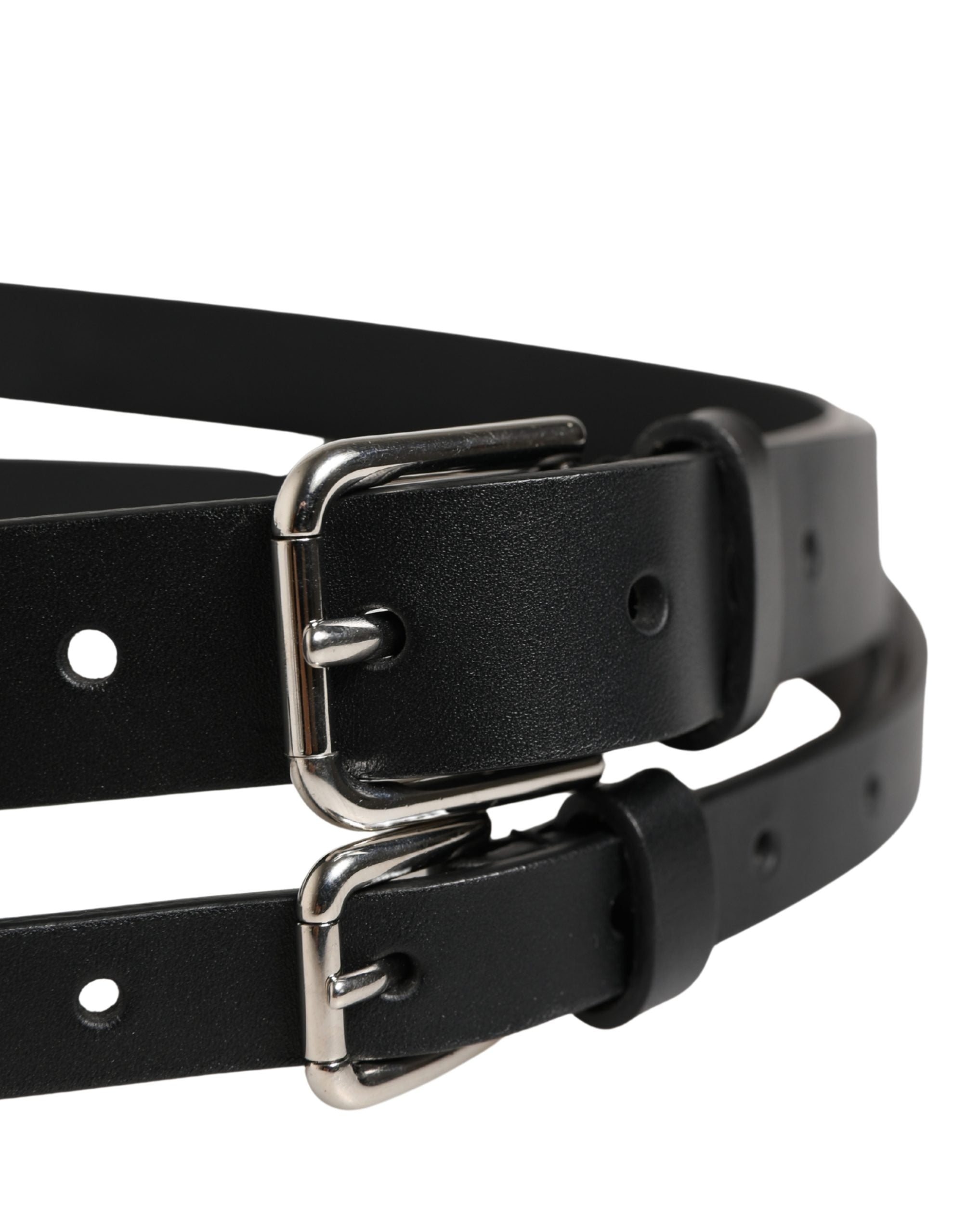 Zwarte Leren Riem met Dubbele Band en Zilverkleurige Gesp