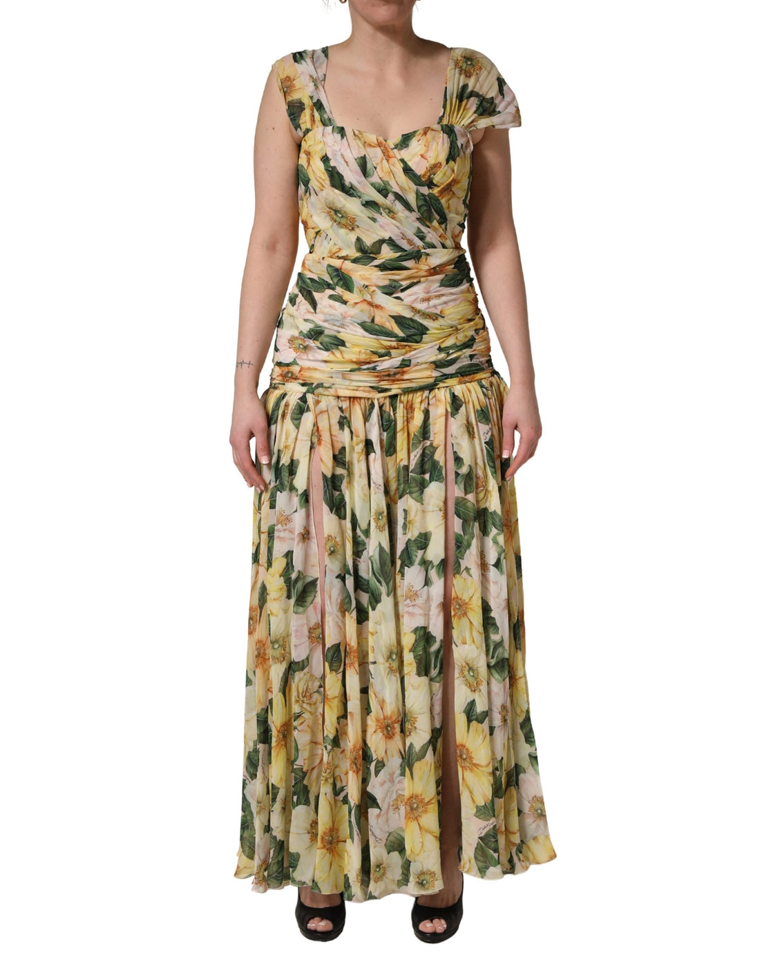 Gele Zijden Maxi Jurk met Bloemenprint en Plooien