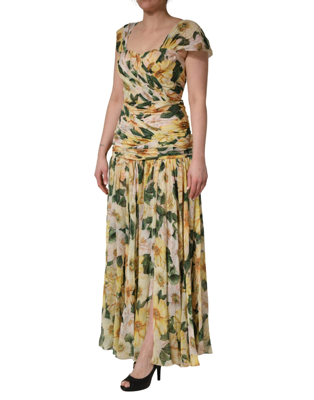 Gele Zijden Maxi Jurk met Bloemenprint en Plooien