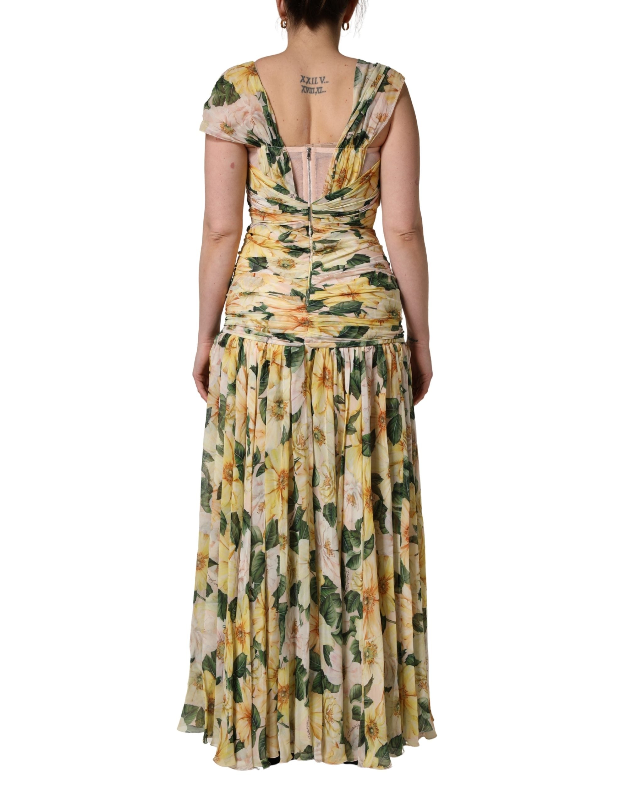 Gele Zijden Maxi Jurk met Bloemenprint en Plooien