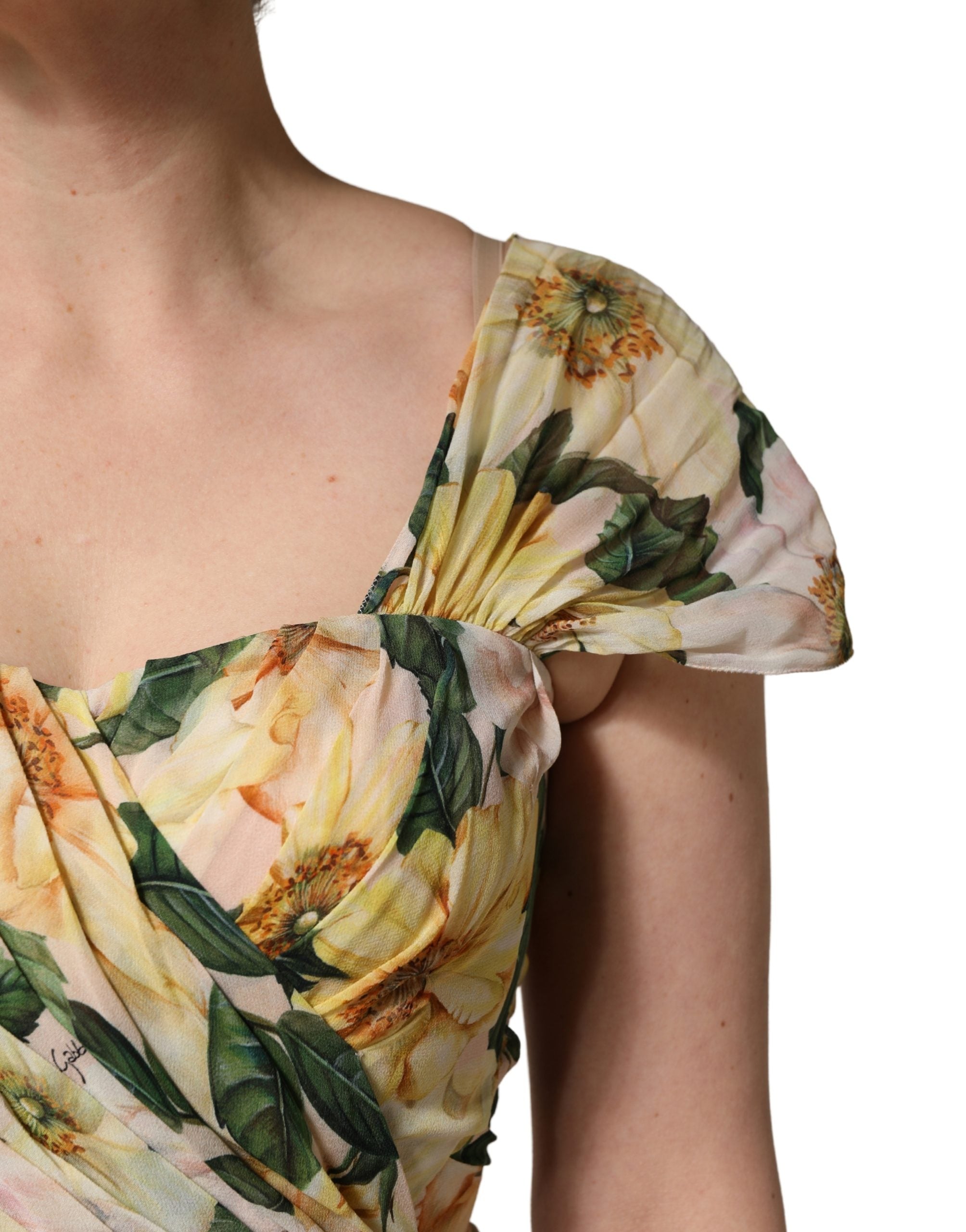 Gele Zijden Maxi Jurk met Bloemenprint en Plooien