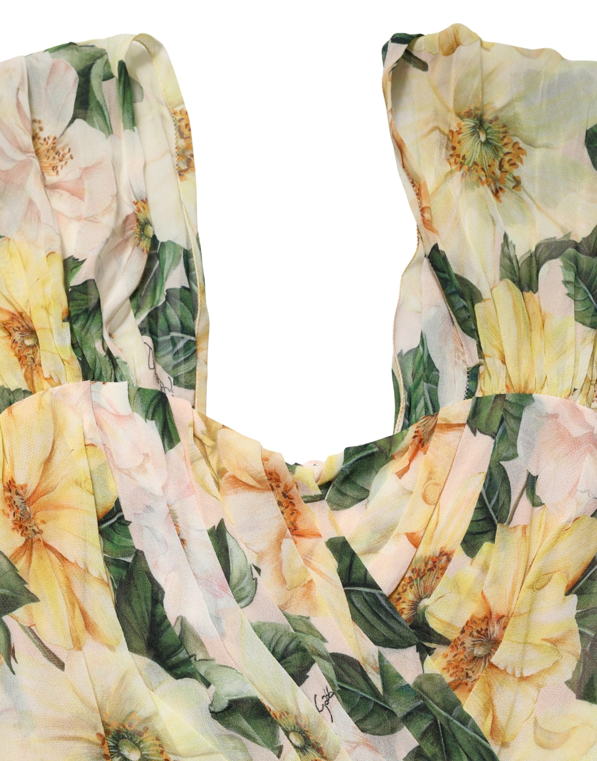 Gele Zijden Maxi Jurk met Bloemenprint en Plooien