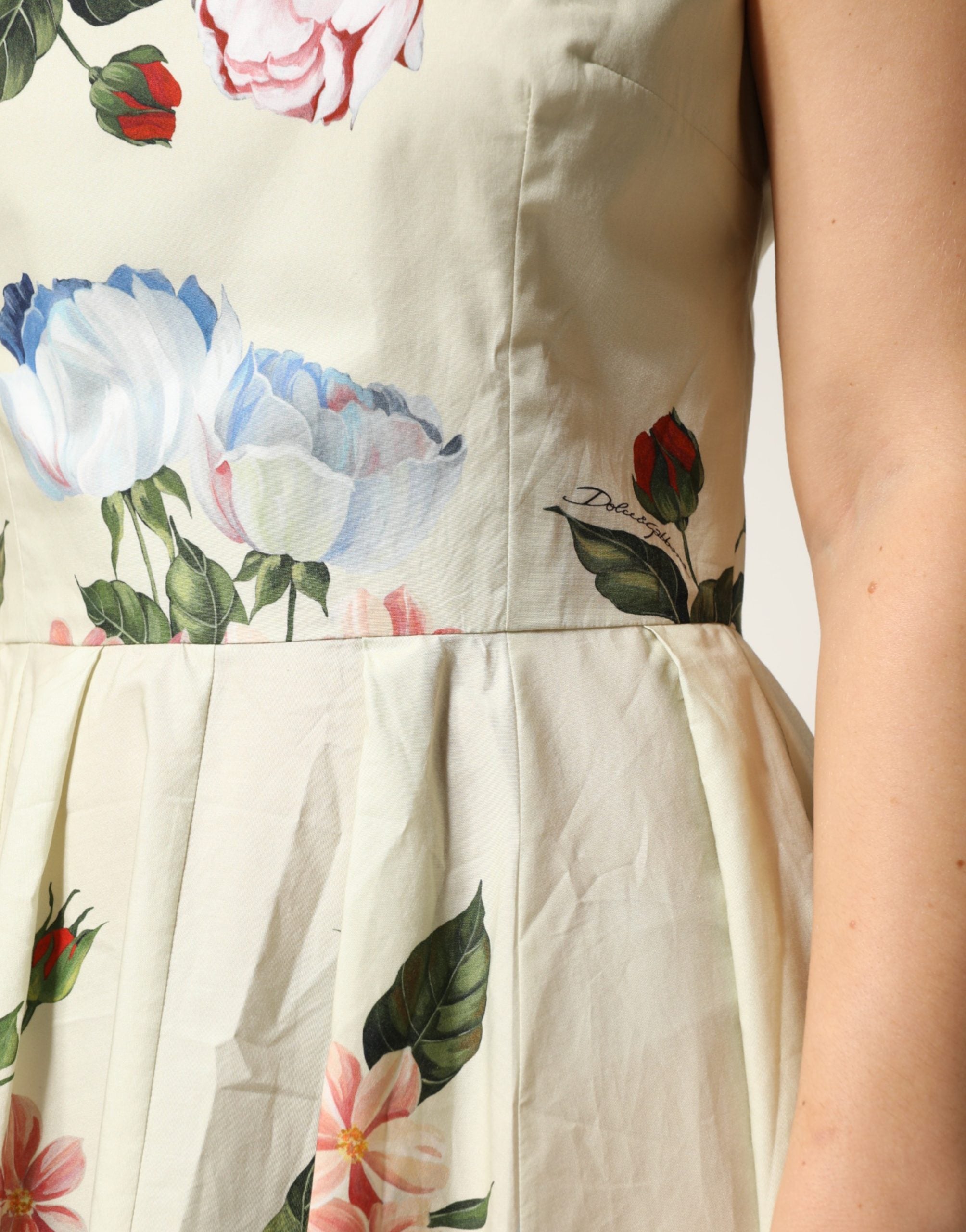 Dolce & Gabbana Beige Floral Sleeveless A-line Midi Dress