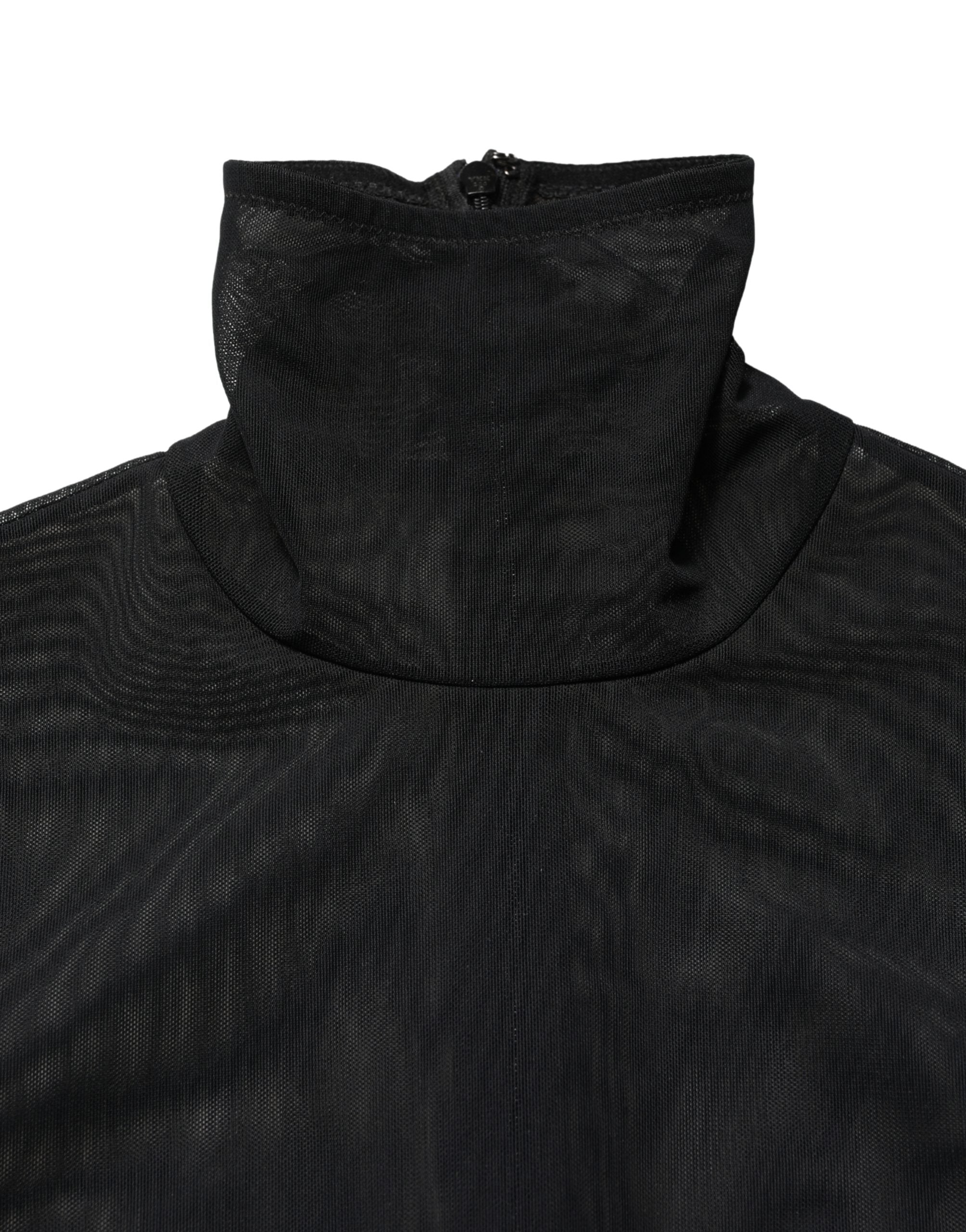 Zwart nylon doorschijnend coltrui-jumpsuitjurk