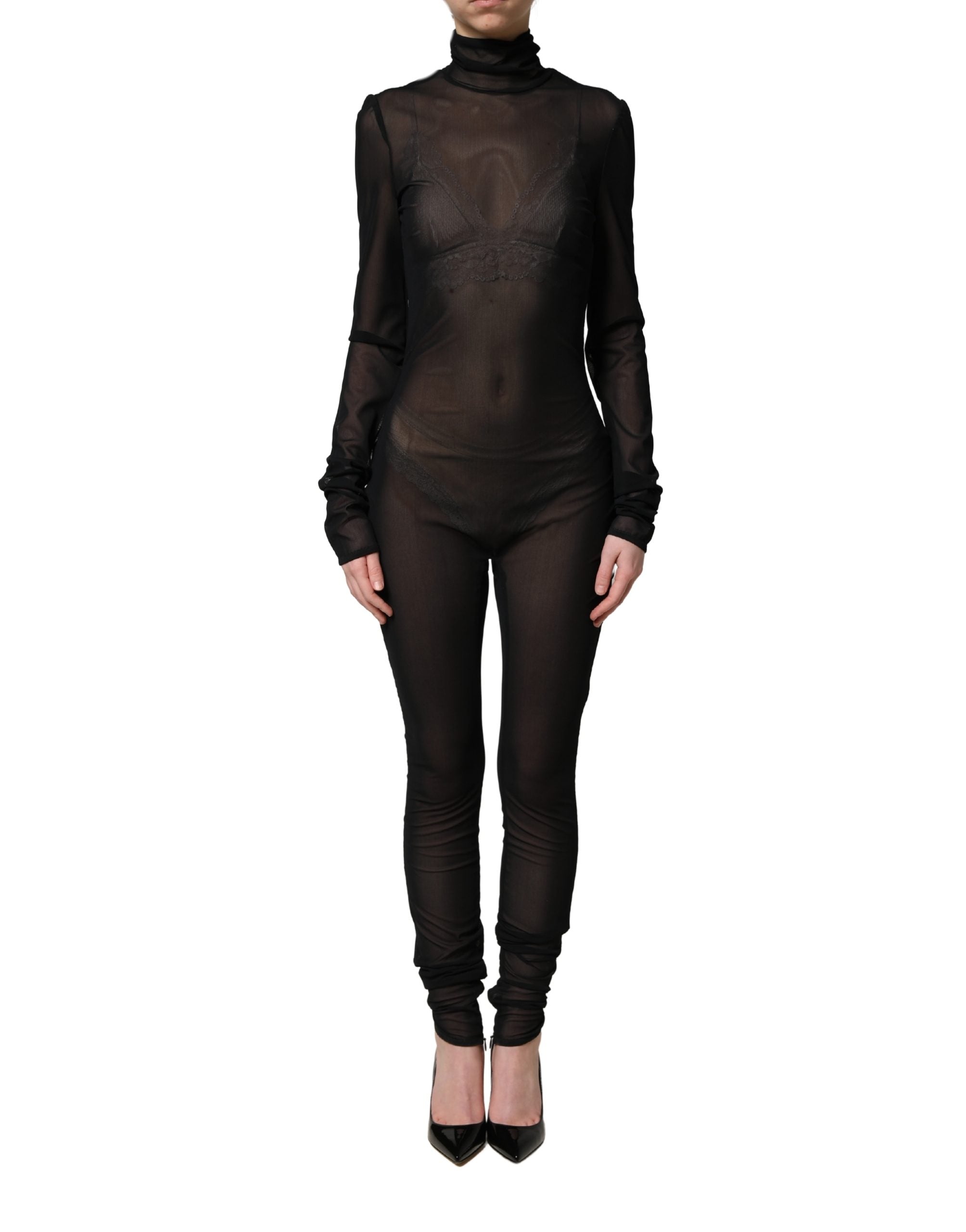 Zwart nylon doorschijnend coltrui-jumpsuitjurk