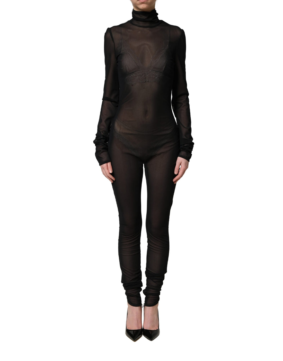 Zwart nylon doorschijnend coltrui-jumpsuitjurk