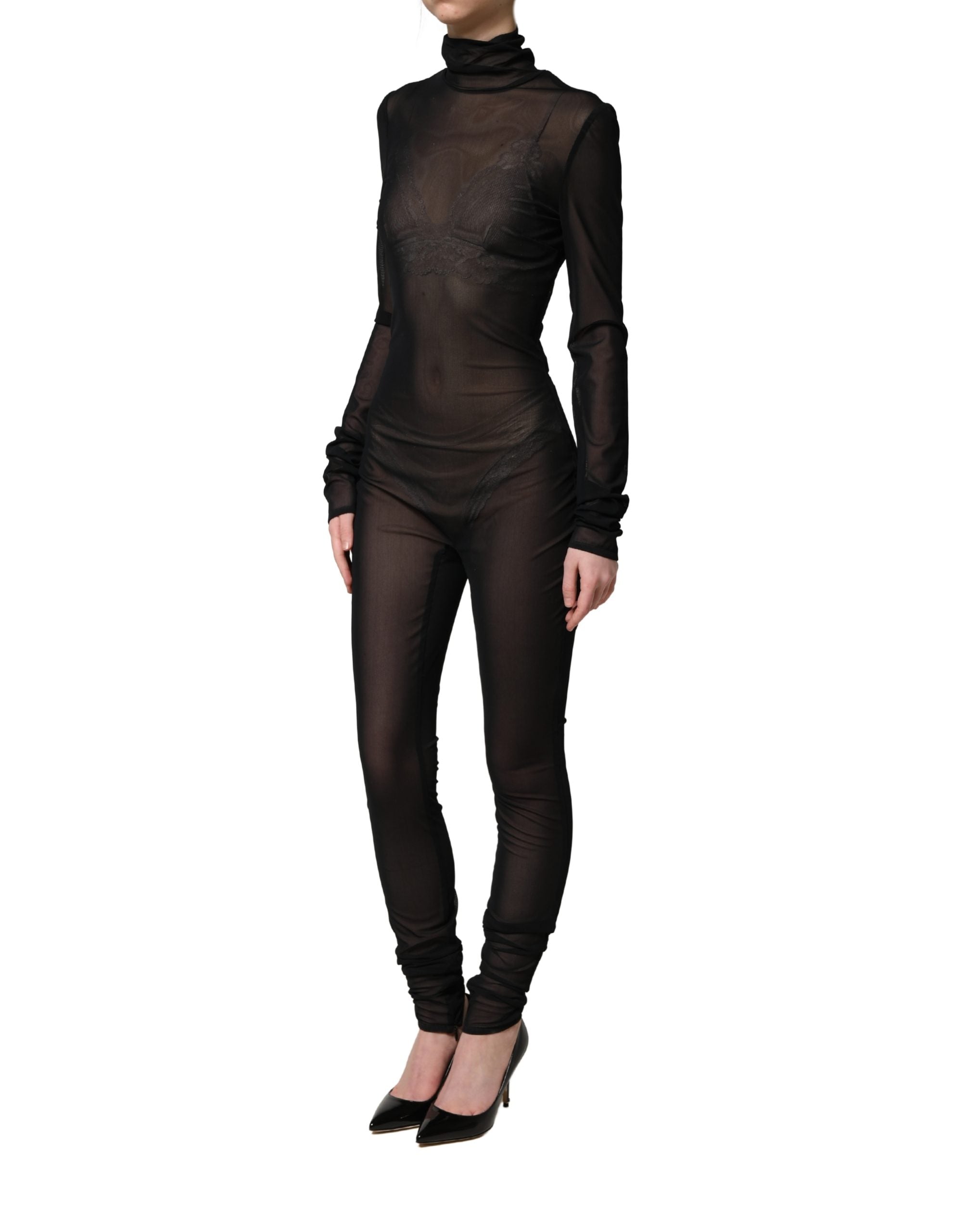 Zwart nylon doorschijnend coltrui-jumpsuitjurk