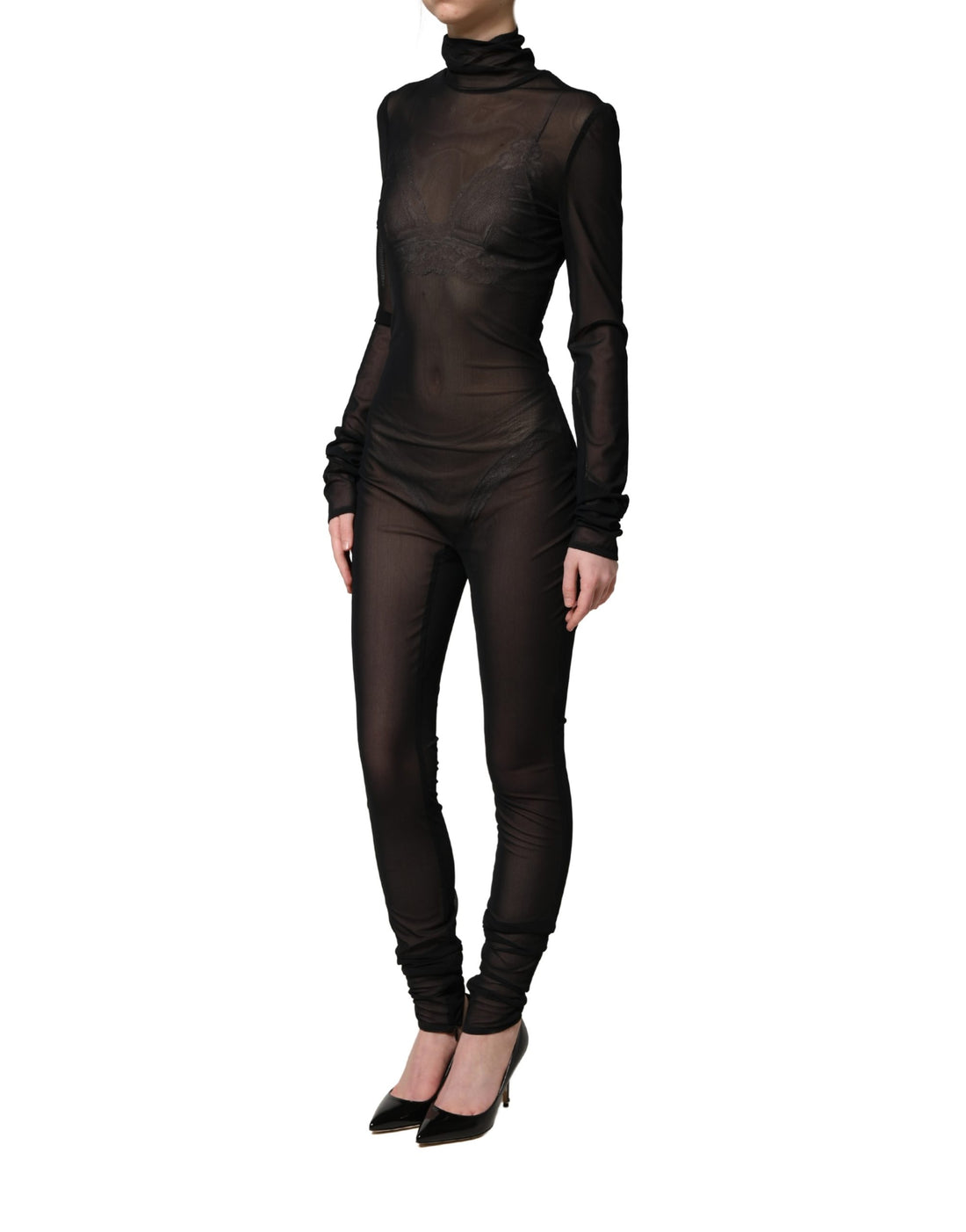 Zwart nylon doorschijnend coltrui-jumpsuitjurk
