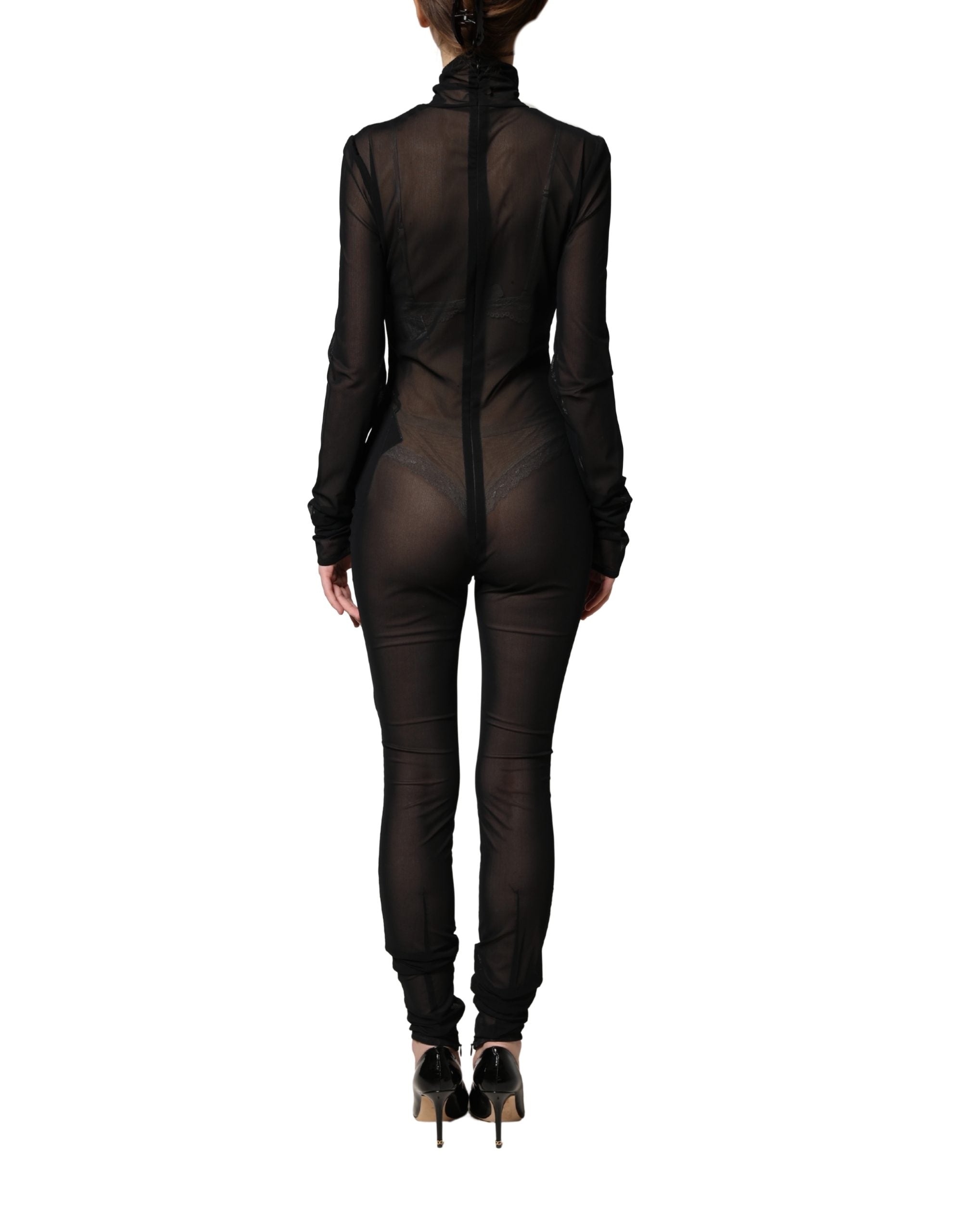 Zwart nylon doorschijnend coltrui-jumpsuitjurk