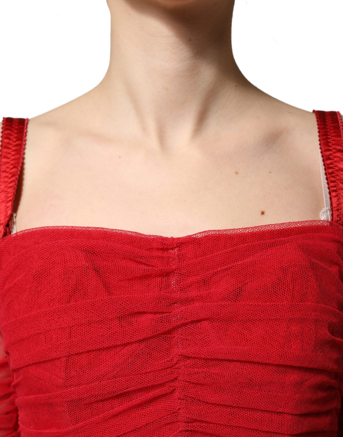 Dolce & Gabbana Red Cotton Ruched Stretch Tulle Midi Dress