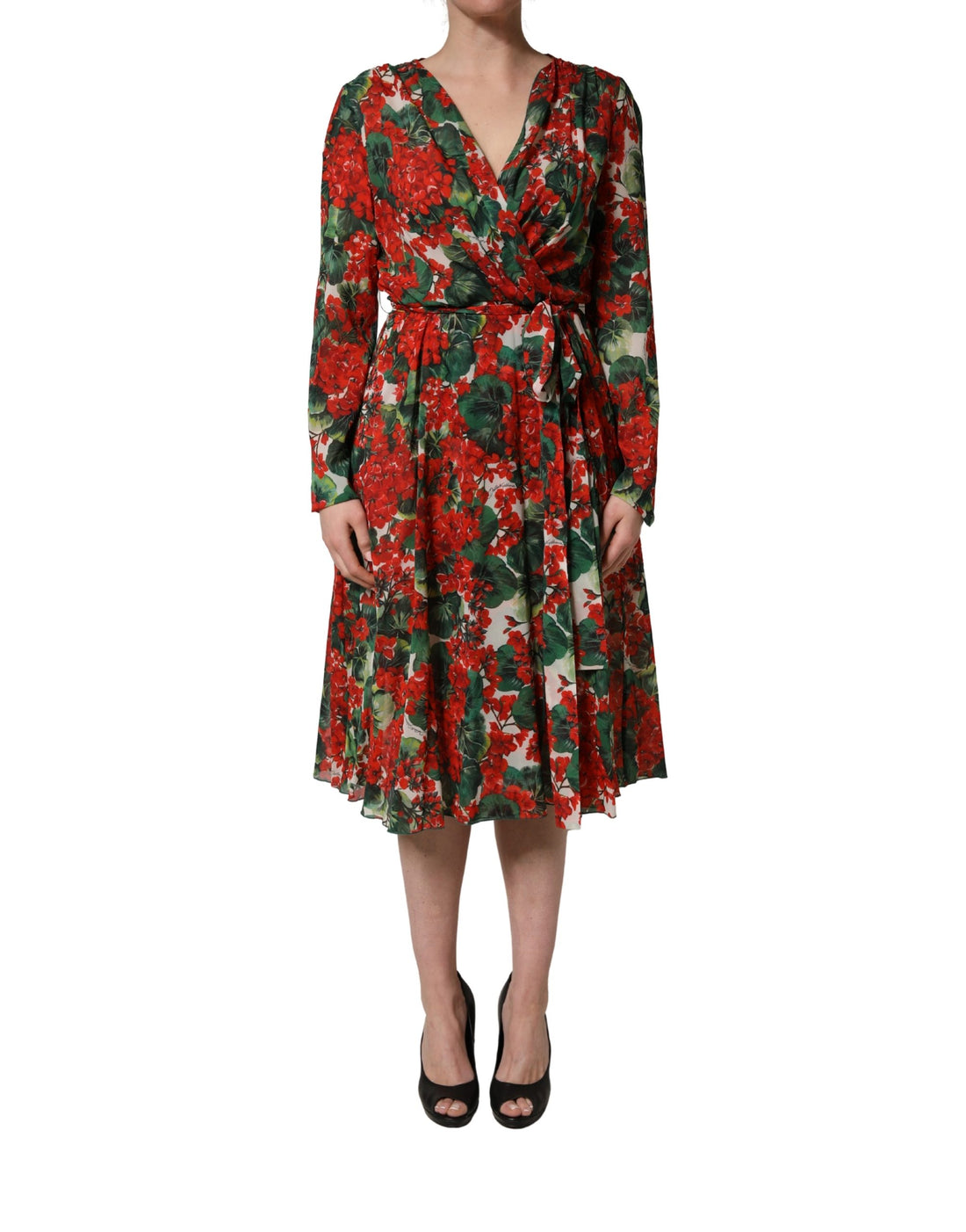 Dolce & Gabbana Multicolor Floral Long Sleeves V-neck Dress