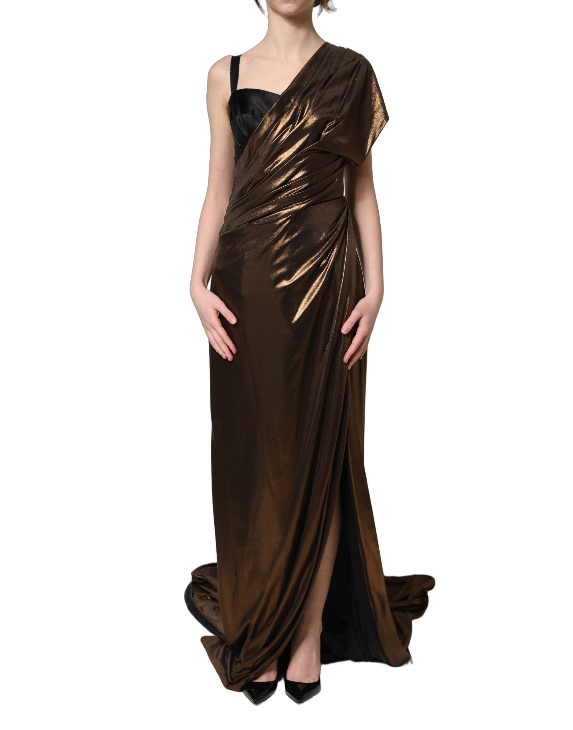 Bronzen Asymmetrische Gedrapeerde Jurk Met Eén Schouder