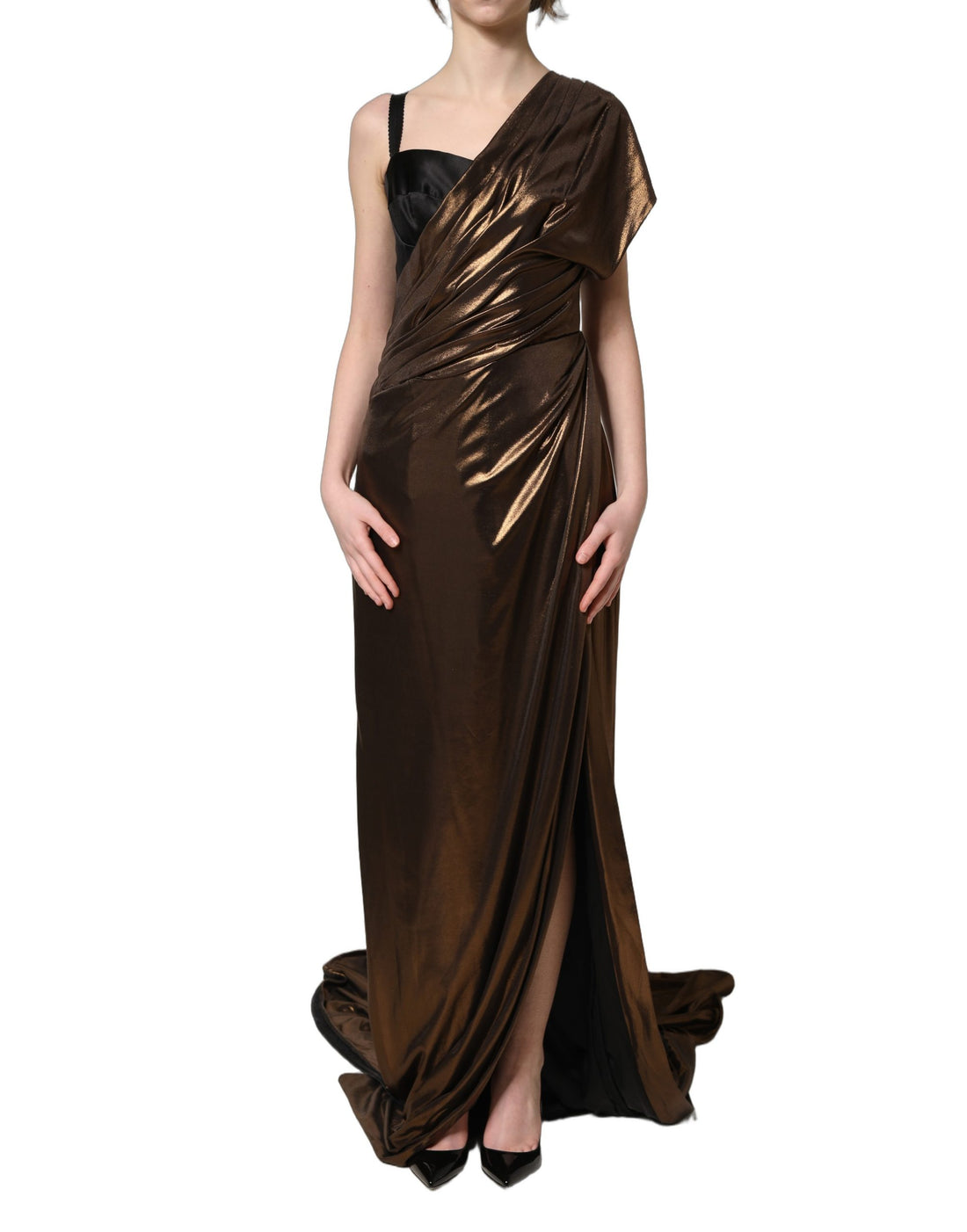 Bronzen Asymmetrische Gedrapeerde Jurk Met Eén Schouder