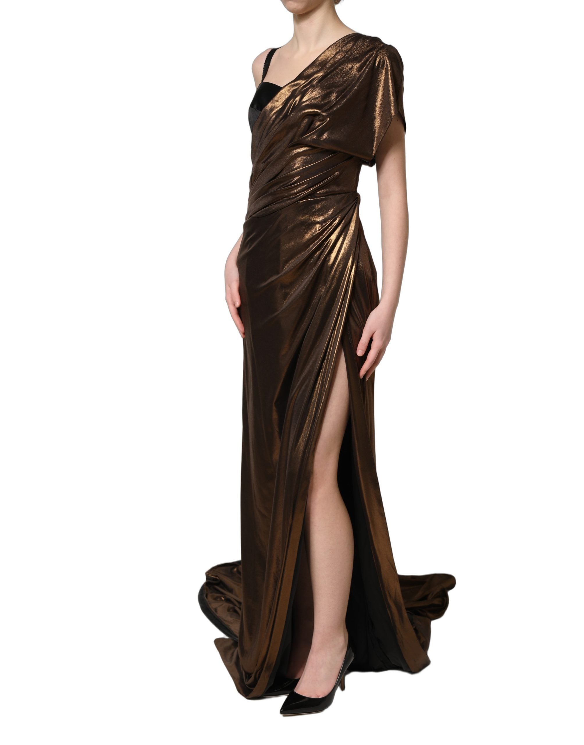 Bronzen Asymmetrische Gedrapeerde Jurk Met Eén Schouder