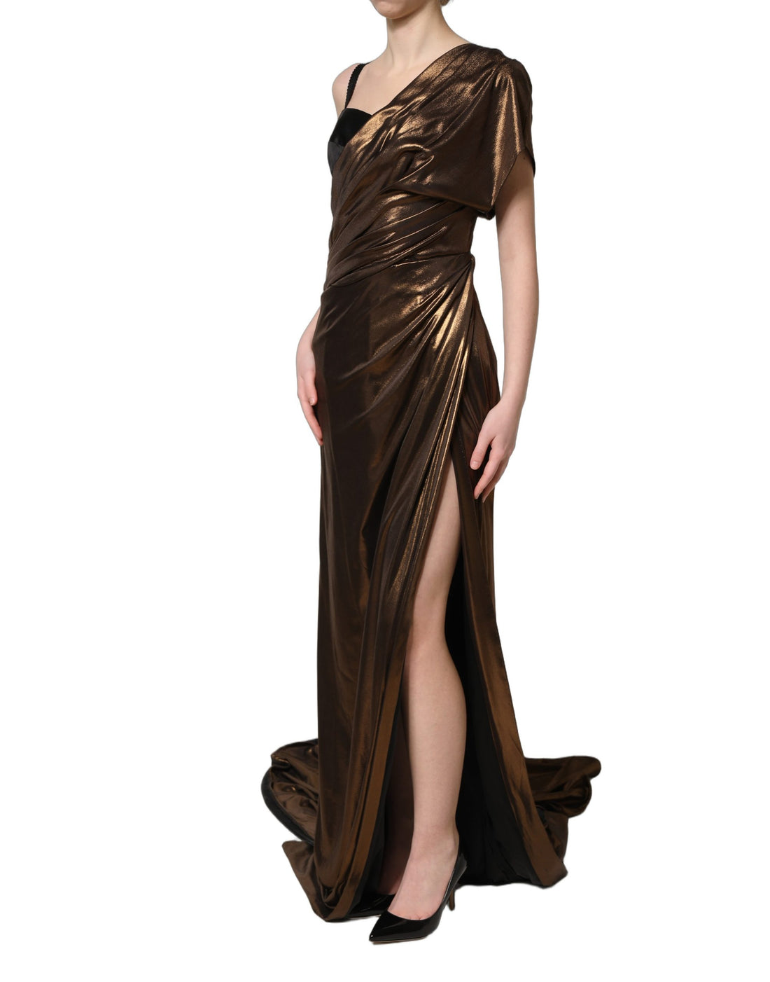 Bronzen Asymmetrische Gedrapeerde Jurk Met Eén Schouder