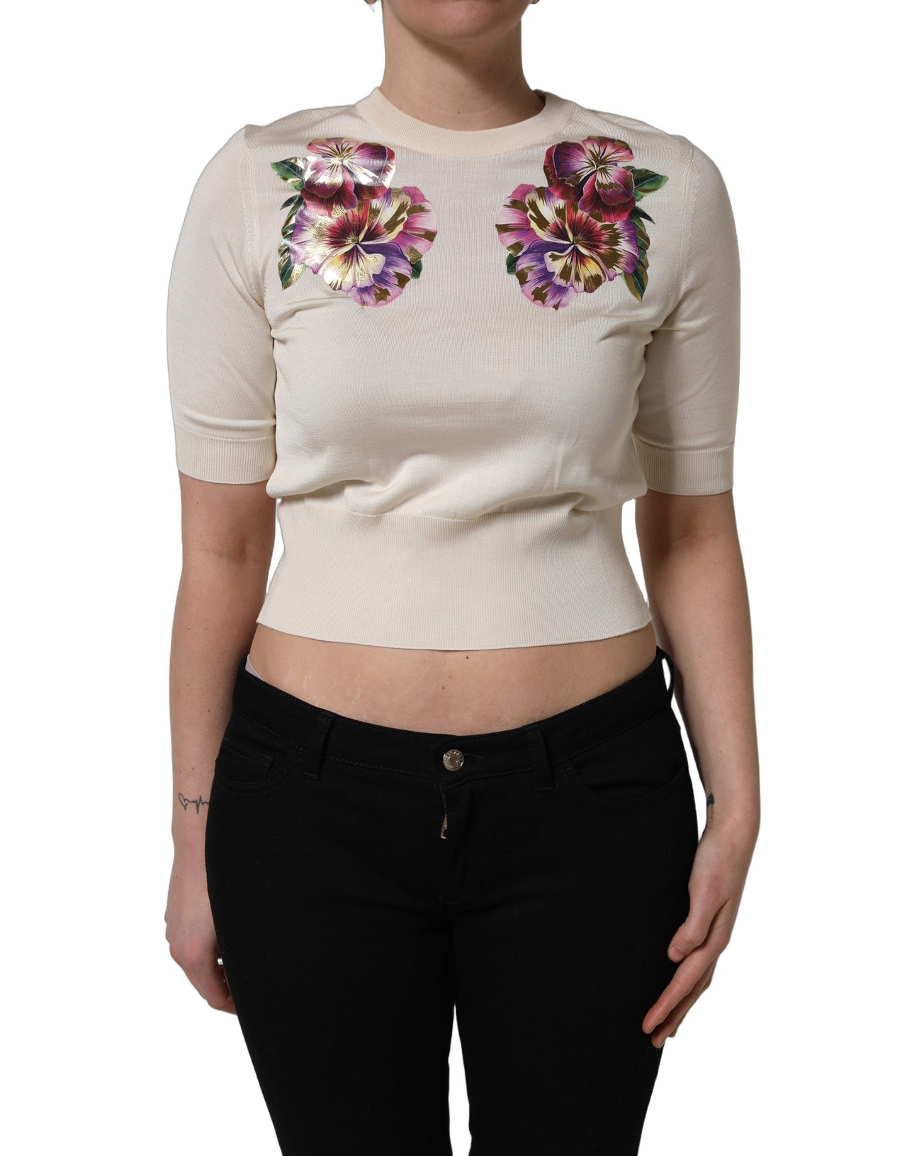 Beige Floral Print Silk CrewNeck Pullover Top