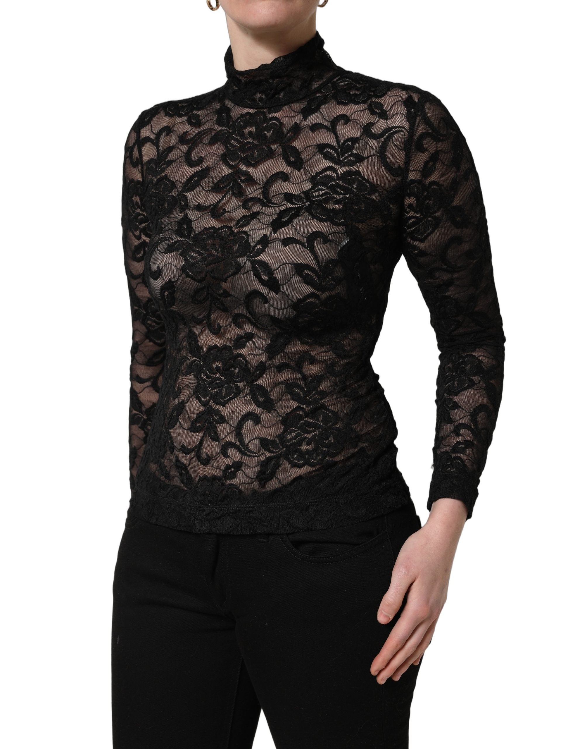 Black Floral Lace Turtle Neck Long Sleeve Top