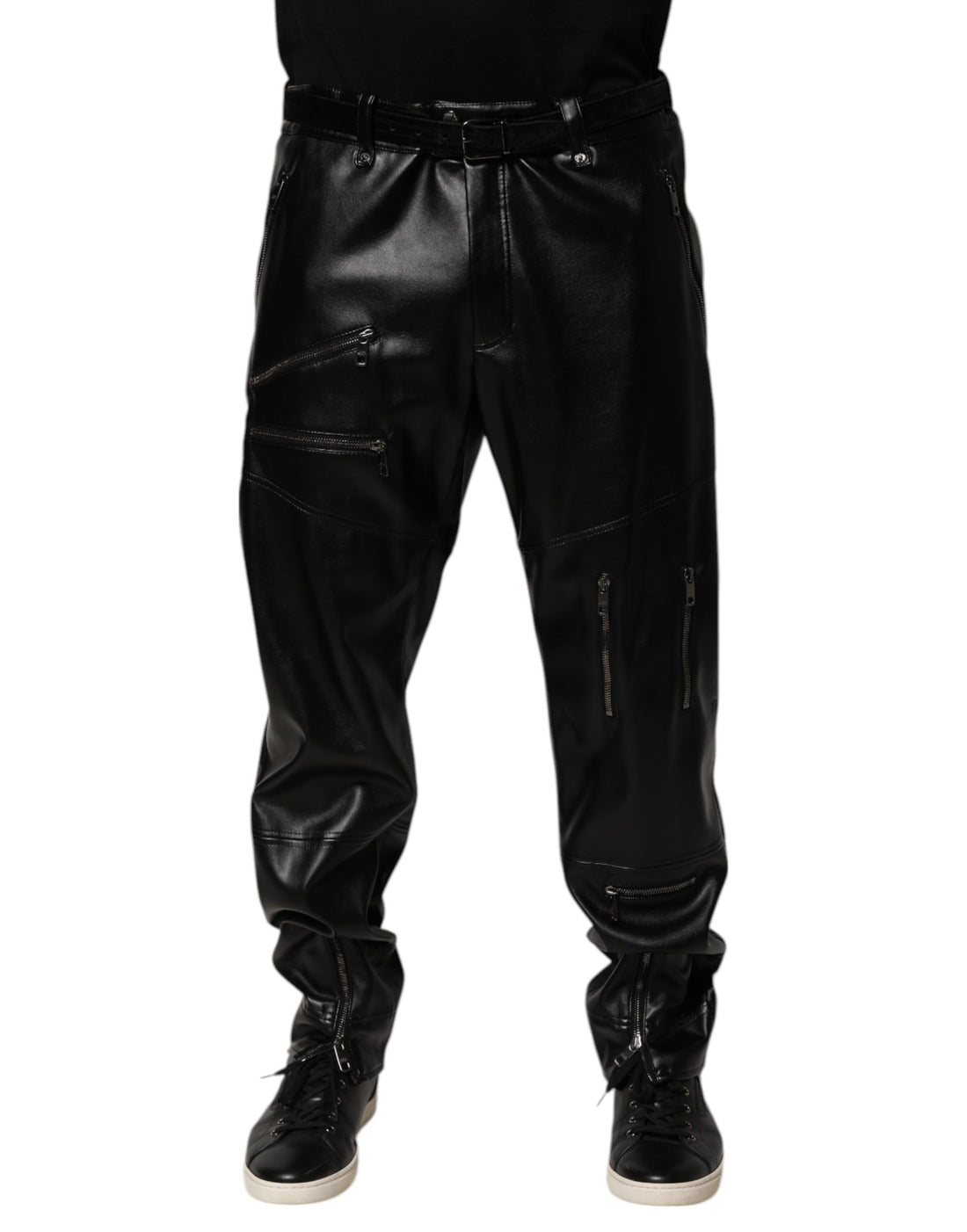 Dolce & Gabbana Black PU Leather Zipper Men Trouser Pants