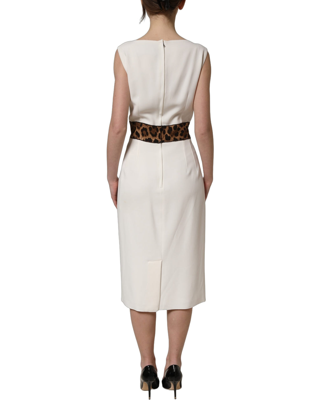 Dolce & Gabbana White Leopard Sleeveless Sheath Midi Dress