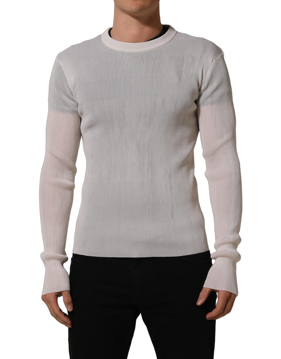 Dolce & Gabbana White Silk Crew Neck Men Pullover Sweater