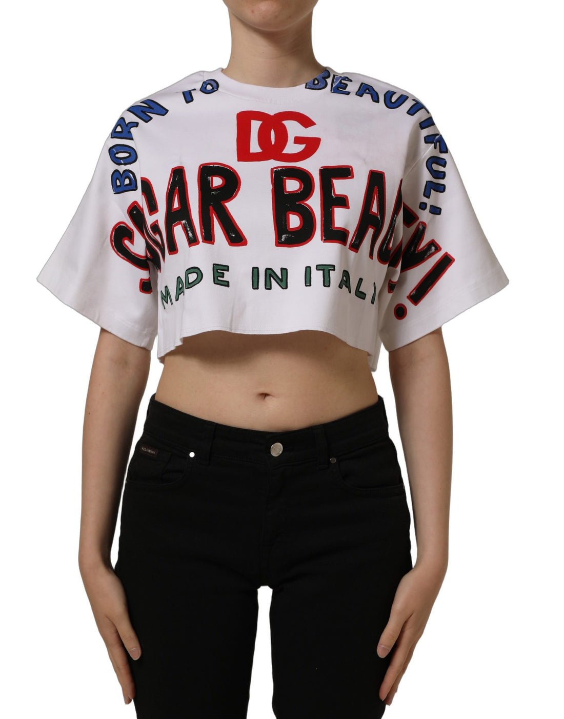 Dolce & Gabbana White Graphic Cotton Jersey Cropped T-shirt