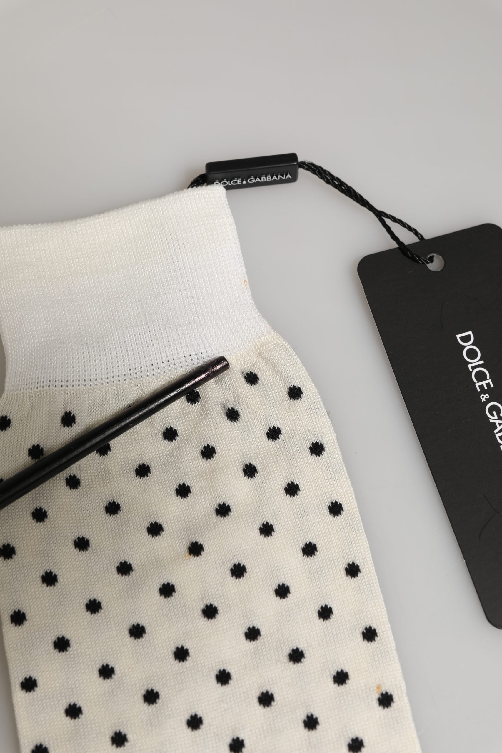Dolce & Gabbana Off White Cotton Polka Dot Mid Calf Accessory Socks