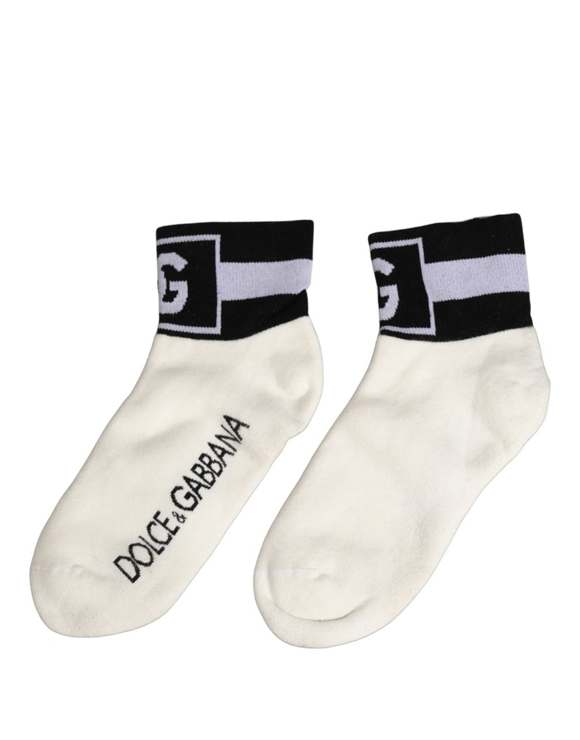 Dolce & Gabbana White Black Cotton Ankle Length DG Logo Socks