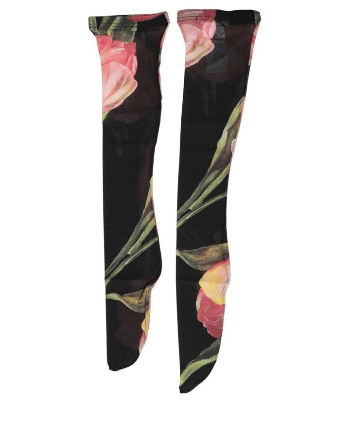 Dolce & Gabbana Black Pink Floral Tulip Nylon Stockings Socks