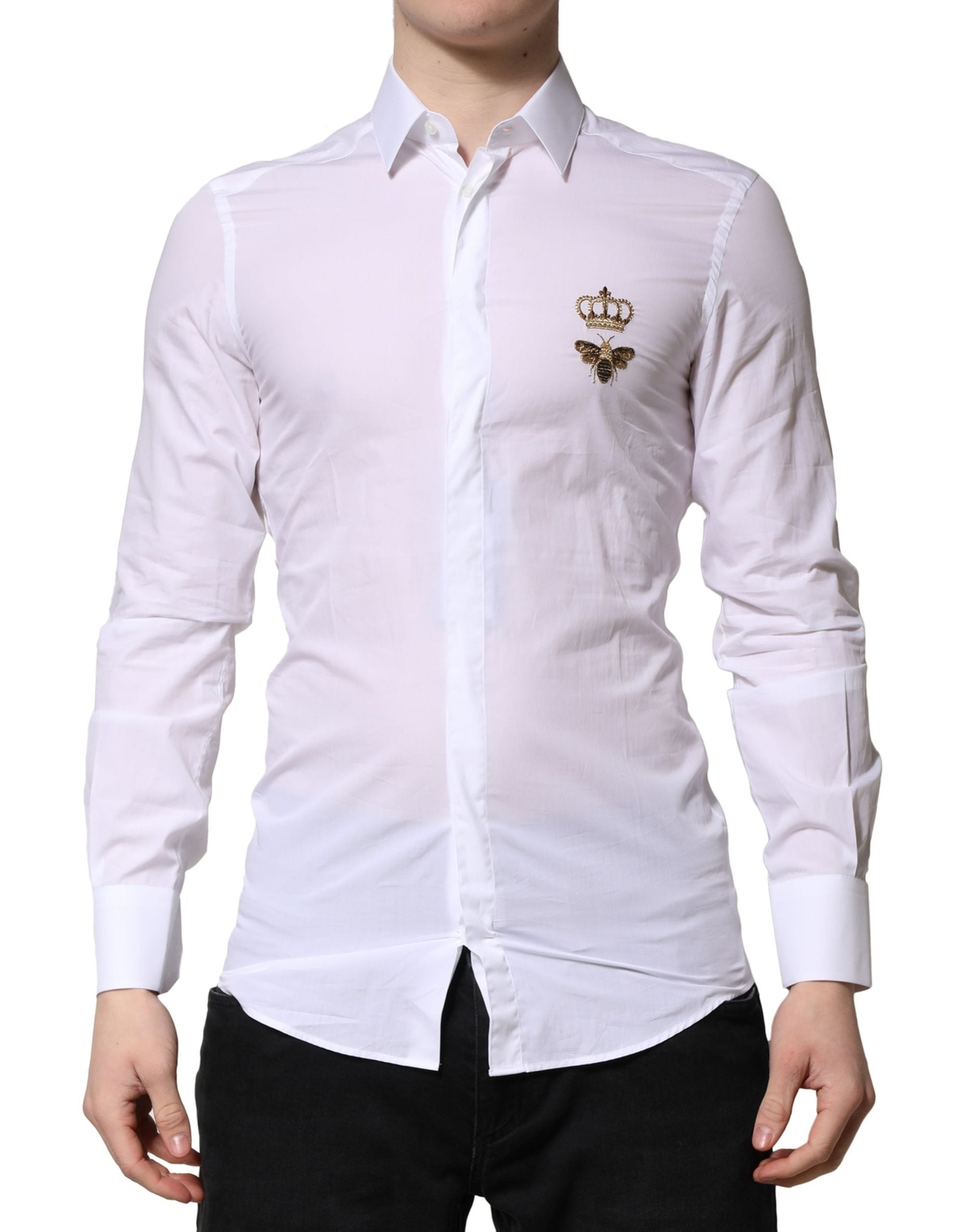 Dolce & Gabbana White GOLD Crown Bee Cotton Formal Dress Shirt