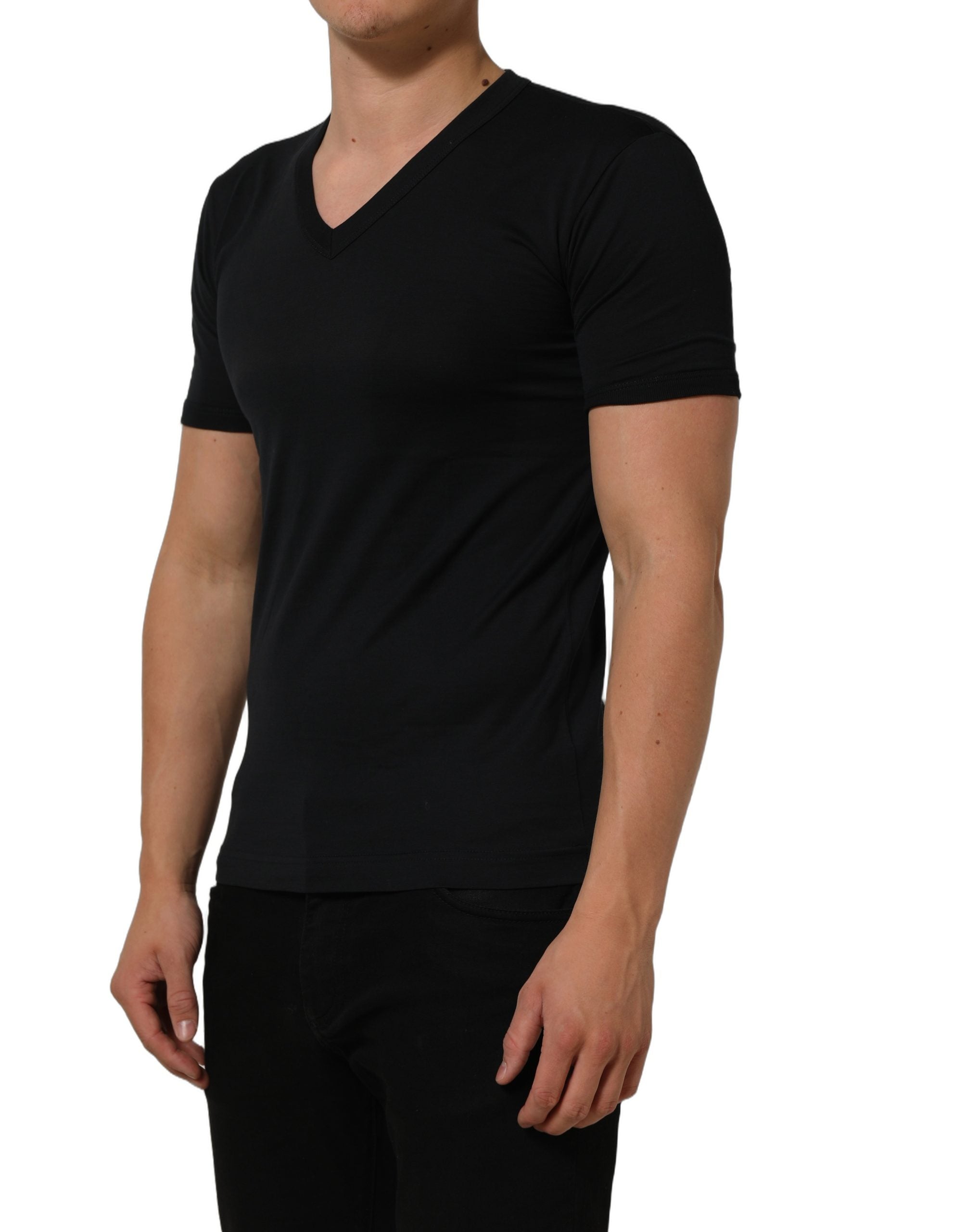 Dolce & Gabbana Dark Blue Cotton V-Neck Short Sleeve T-shirt