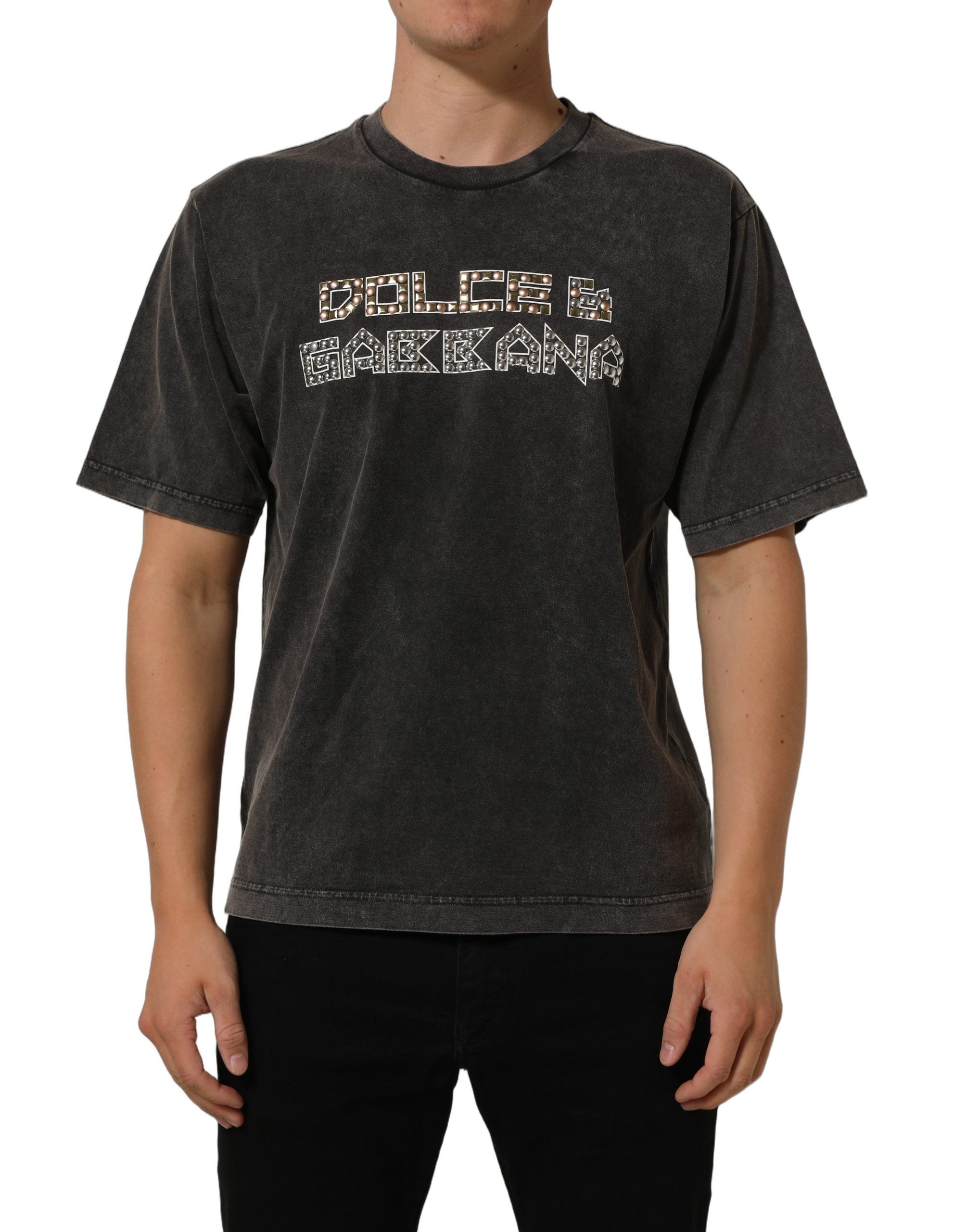 Dolce & Gabbana Gray Cotton Logo Stud Embellished T-shirt