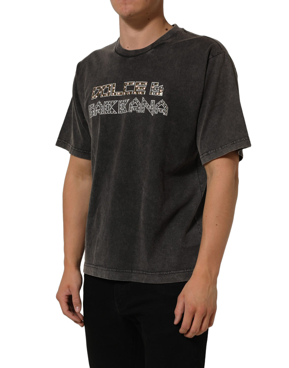 Dolce & Gabbana Gray Cotton Logo Stud Embellished T-shirt