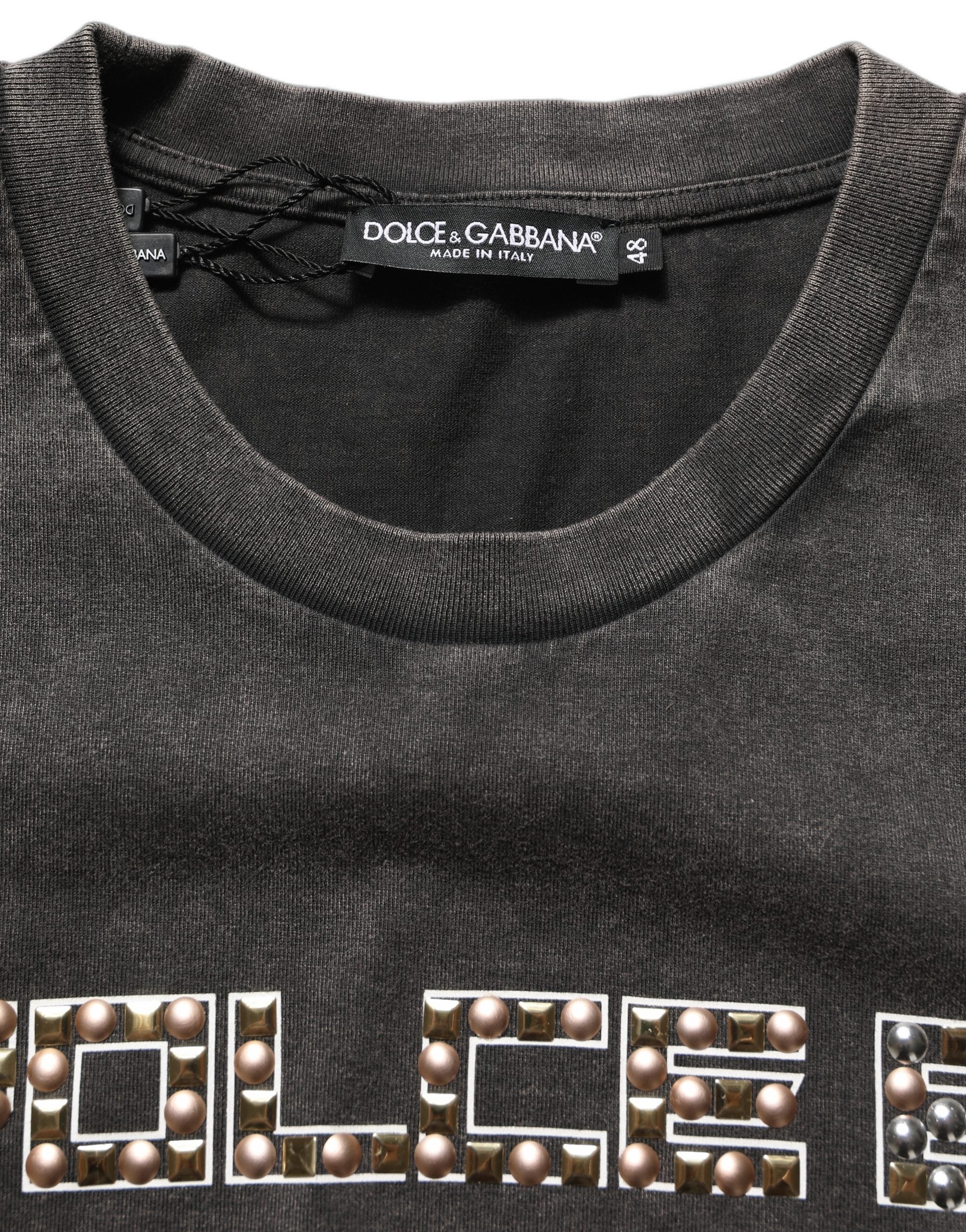 Dolce & Gabbana Gray Cotton Logo Stud Embellished T-shirt