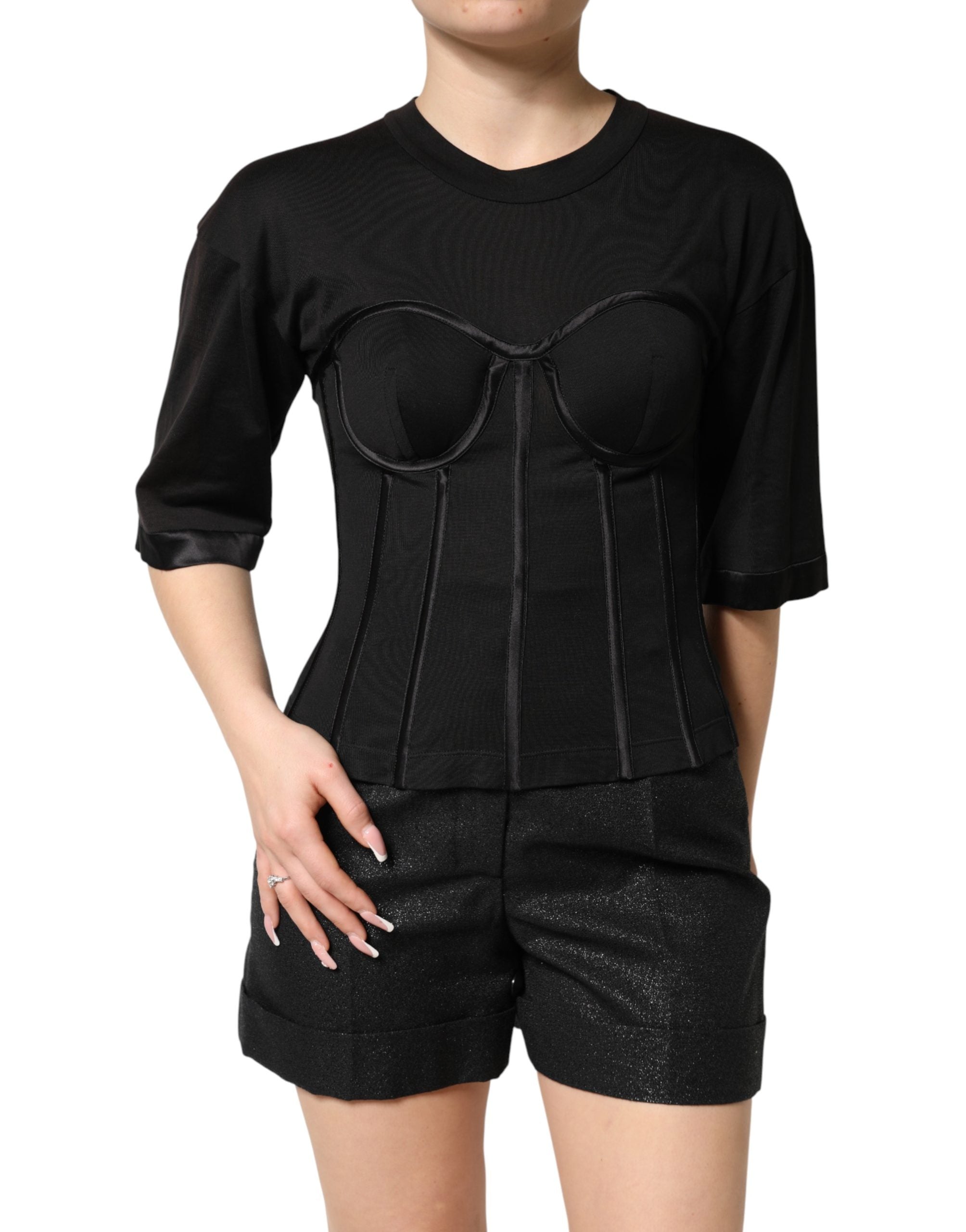 Dolce & Gabbana Black Cotton Short Sleeve Bustier T-shirt Top