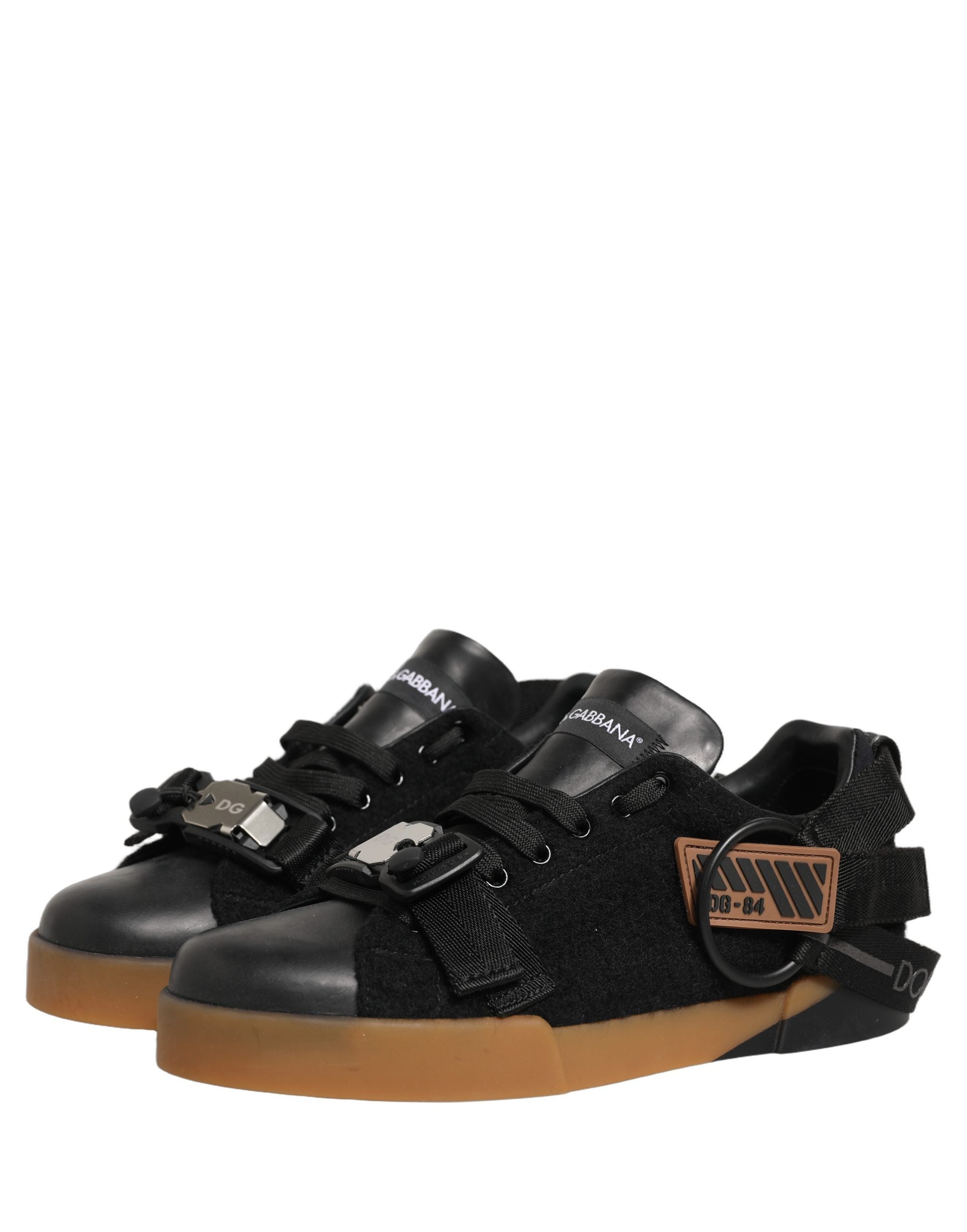 Dolce & Gabbana Black Felt Leather Low Top Sneaker Shoes