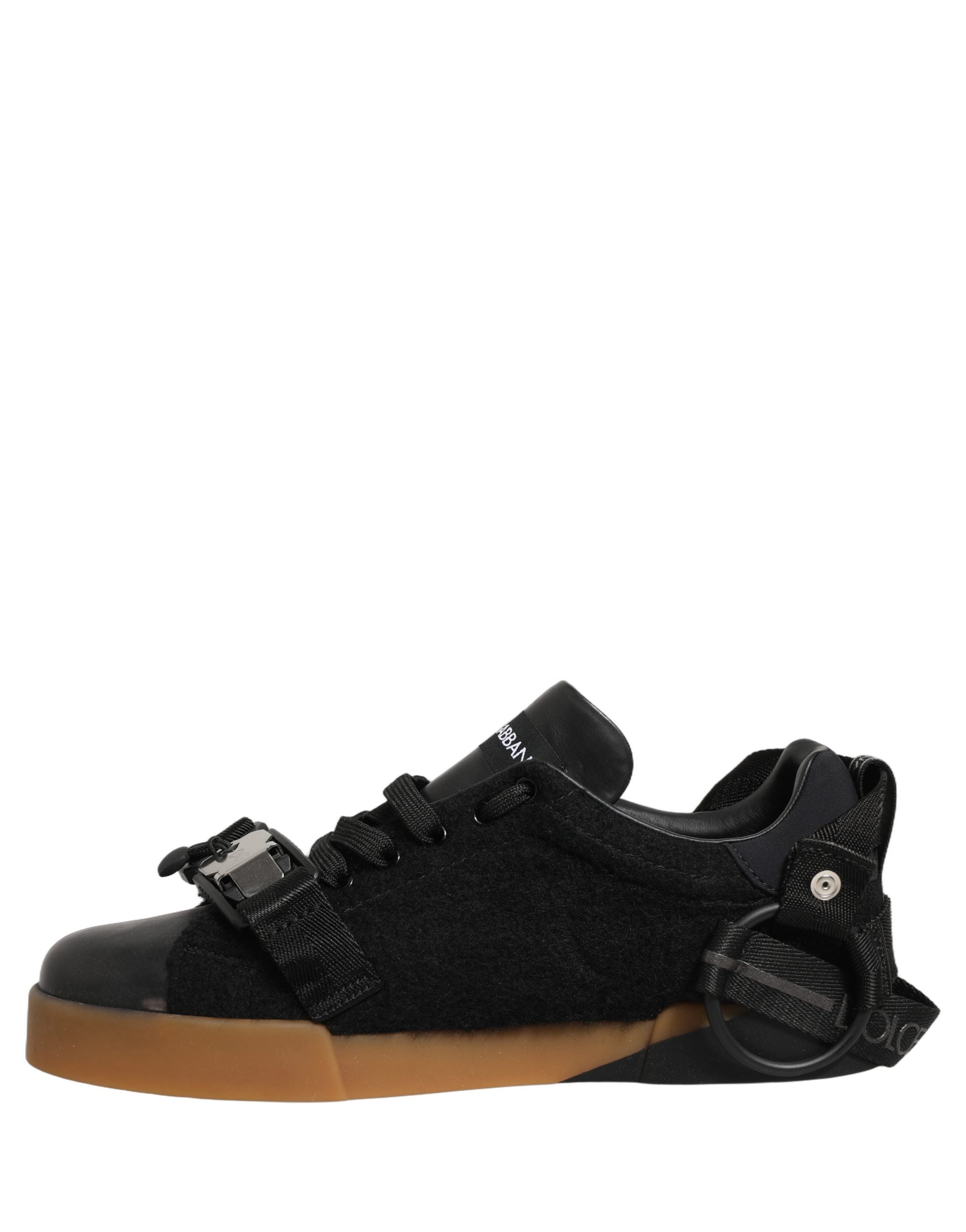 Dolce & Gabbana Black Felt Leather Low Top Sneaker Shoes