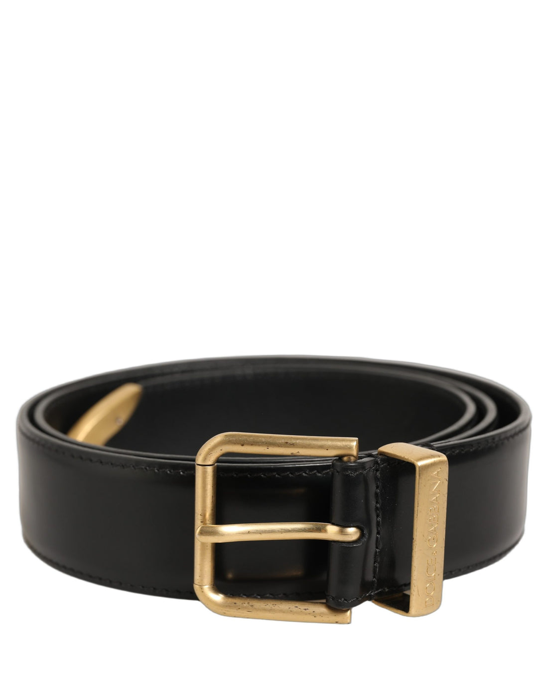 Dolce & Gabbana Black Leather Gold Logo Engraved Buckle Belt