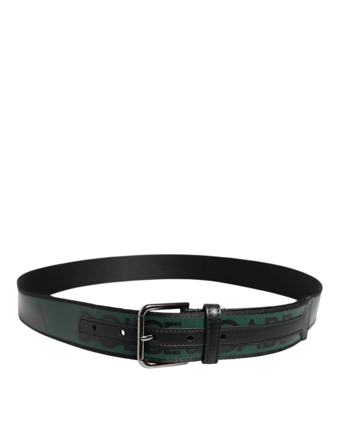 Dolce & Gabbana Black Green Logo Silver Tone Metal Buckle Belt