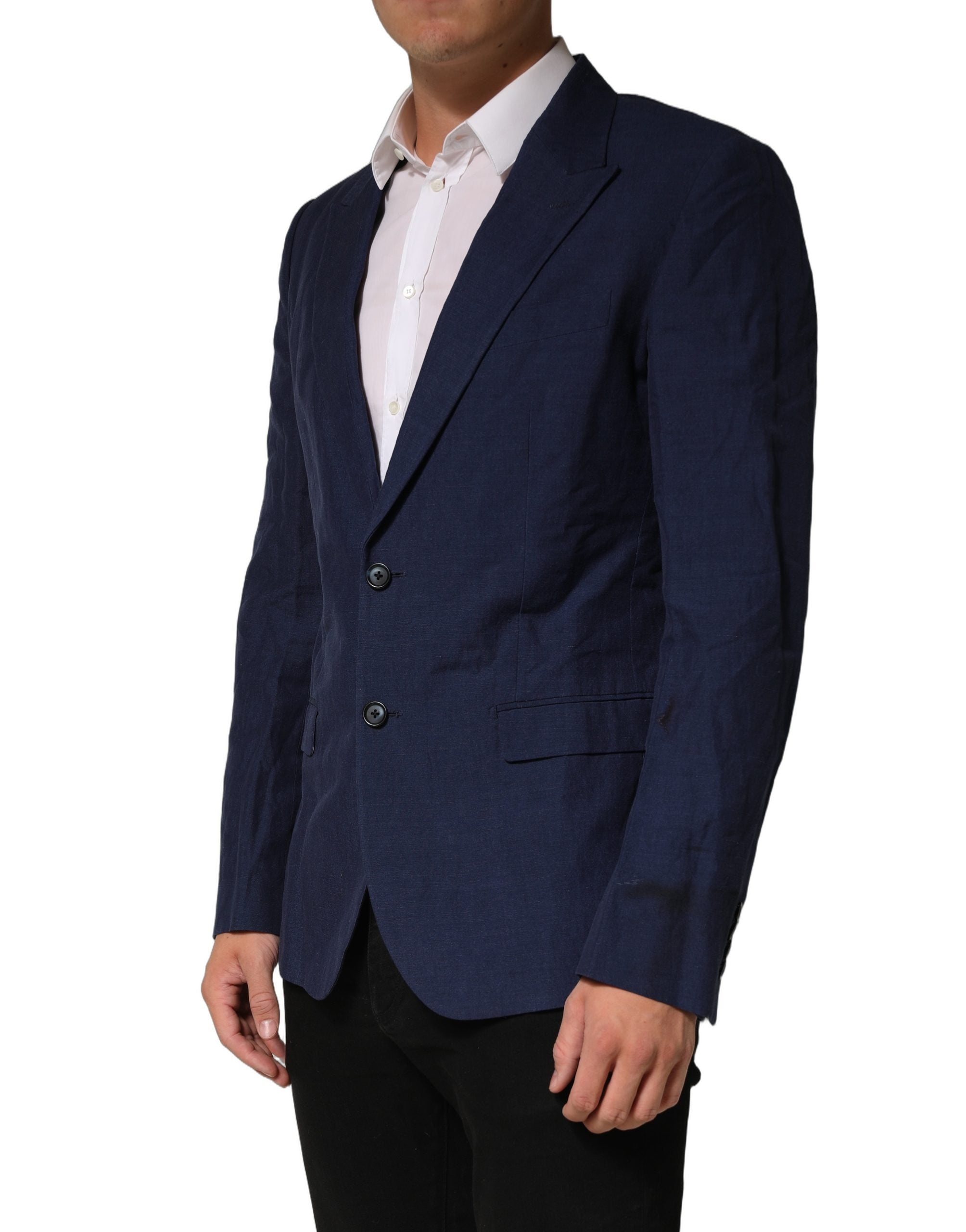 Dolce & Gabbana Dark Blue Flax Men Single Breasted Jacket