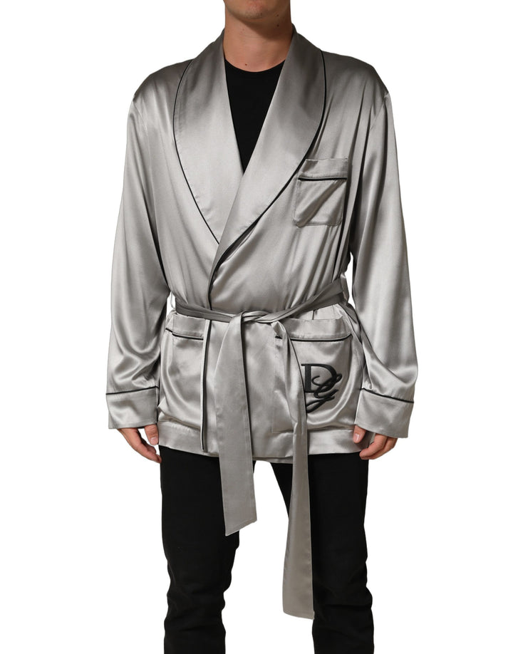 Dolce & Gabbana Gray Silk Satin Robe Embroidered Jacket