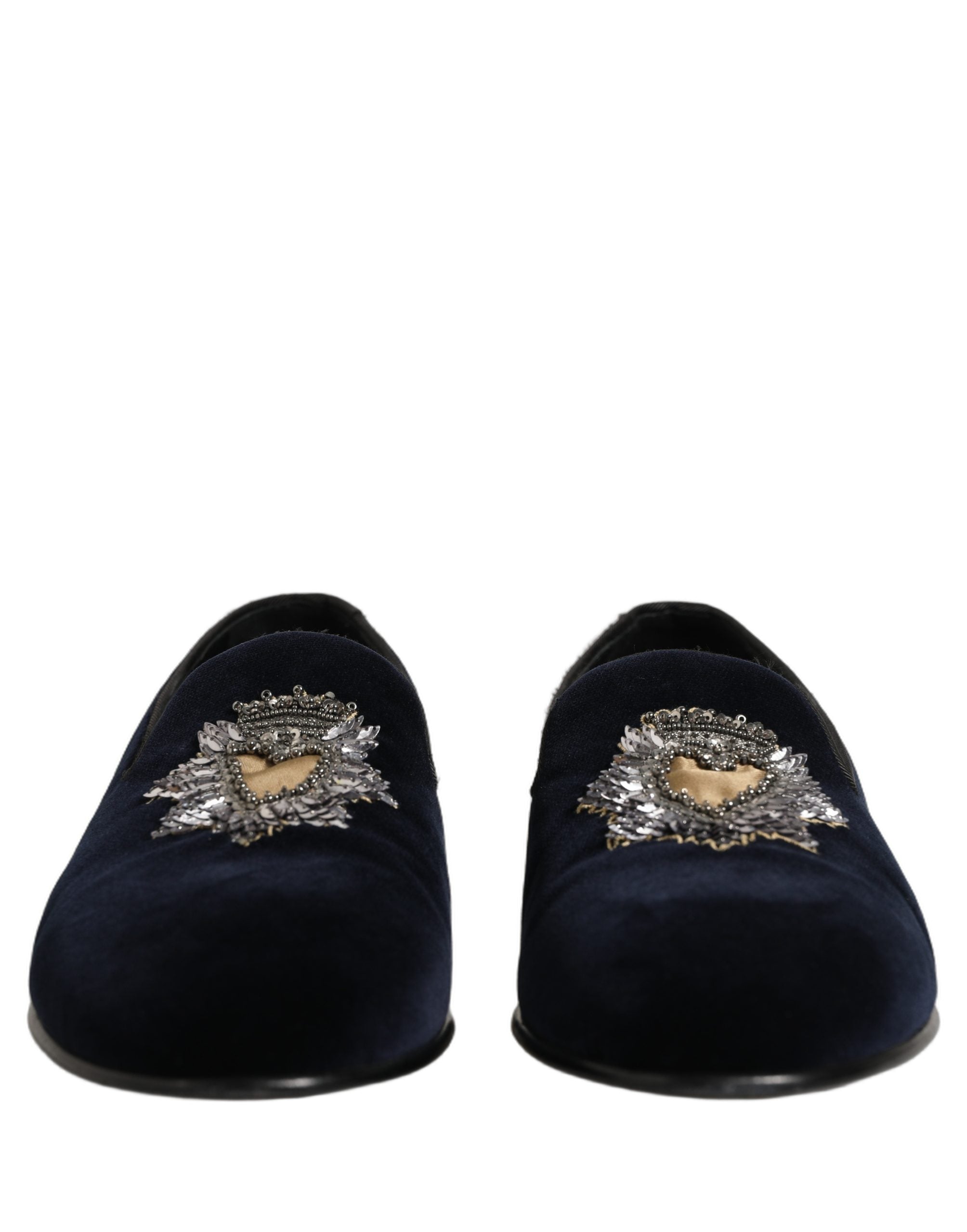 Dolce & Gabbana Blue Velvet Embellished Slip On Loafers Shoes