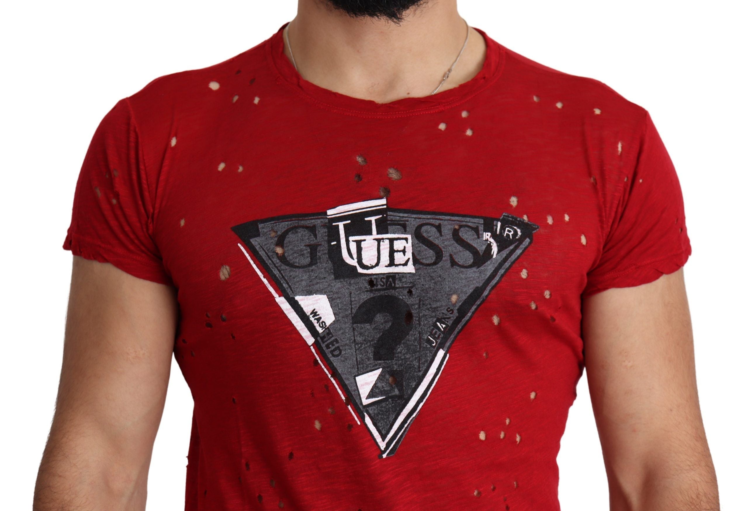 Guess Red Cotton Logo Print Men Casual Top Perforated T-shirt