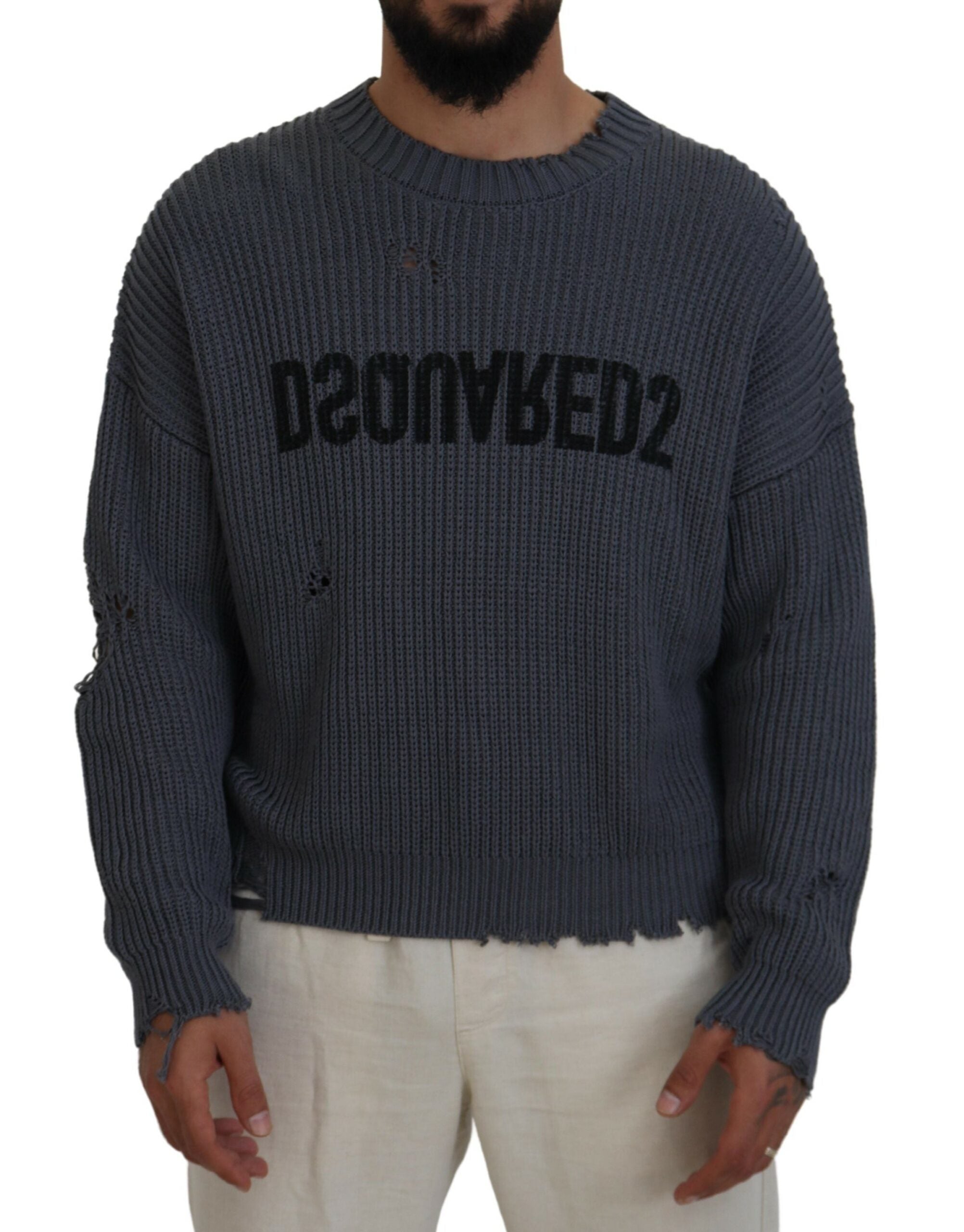 Grijze Heren Gerafelde Gebreide Pullover Trui