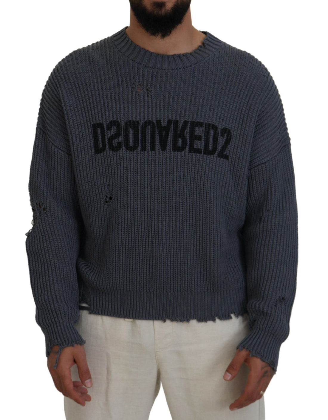 Grijze Heren Gerafelde Gebreide Pullover Trui